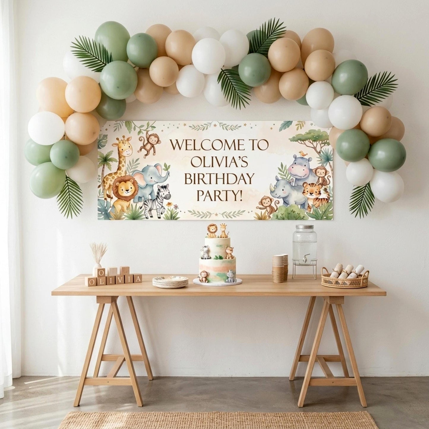 Personalised Jungle Birthday Banner, Custom Safari Party Backdrop, Neutral Wild One Milestone Sign