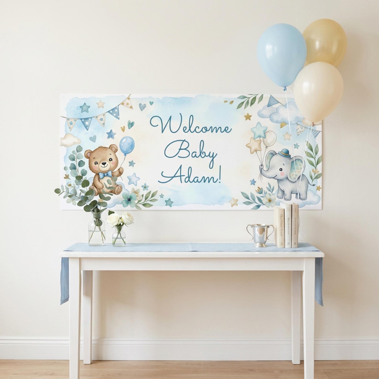 Personalised Baby Shower Banner, Custom 1st Birthday Party Backdrop, Welcome Baby Boy Sign