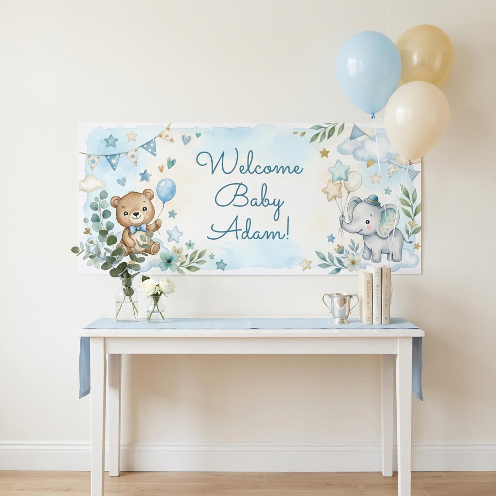 Personalised Baby Shower Banner, Custom 1st Birthday Party Backdrop, Welcome Baby Boy Sign