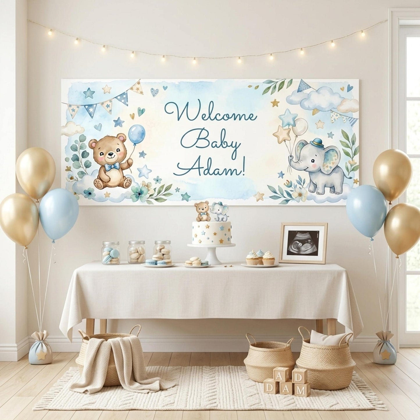 Personalised Baby Shower Banner, Custom 1st Birthday Party Backdrop, Welcome Baby Boy Sign