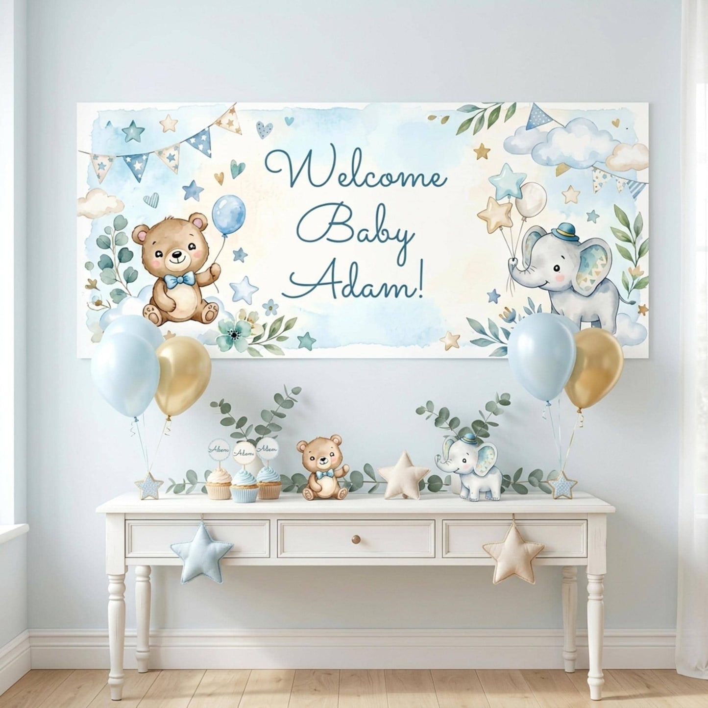 Personalised Baby Shower Banner, Custom 1st Birthday Party Backdrop, Welcome Baby Boy Sign