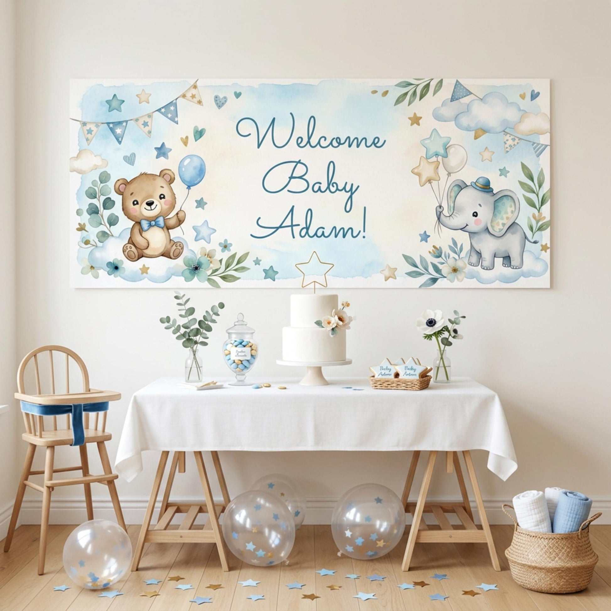 Personalised Baby Shower Banner, Custom 1st Birthday Party Backdrop, Welcome Baby Boy Sign