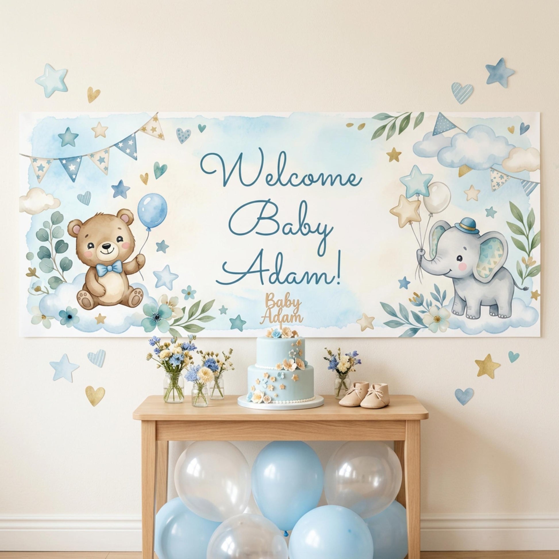 Personalised Baby Shower Banner, Custom 1st Birthday Party Backdrop, Welcome Baby Boy Sign