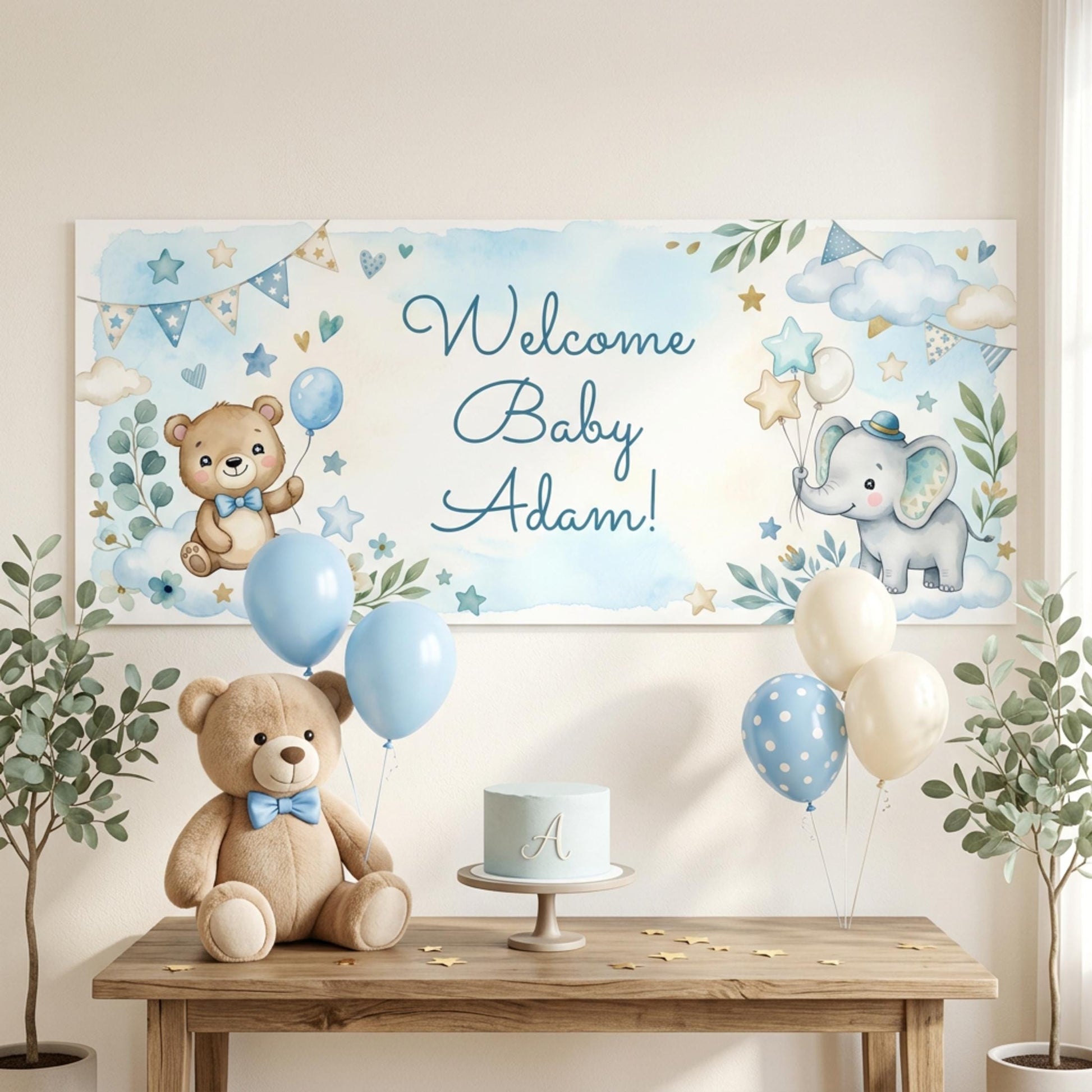 Personalised Baby Shower Banner, Custom 1st Birthday Party Backdrop, Welcome Baby Boy Sign