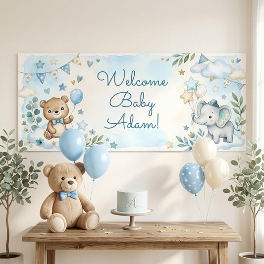 Personalised Baby Shower Banner, Custom 1st Birthday Party Backdrop, Welcome Baby Boy Sign