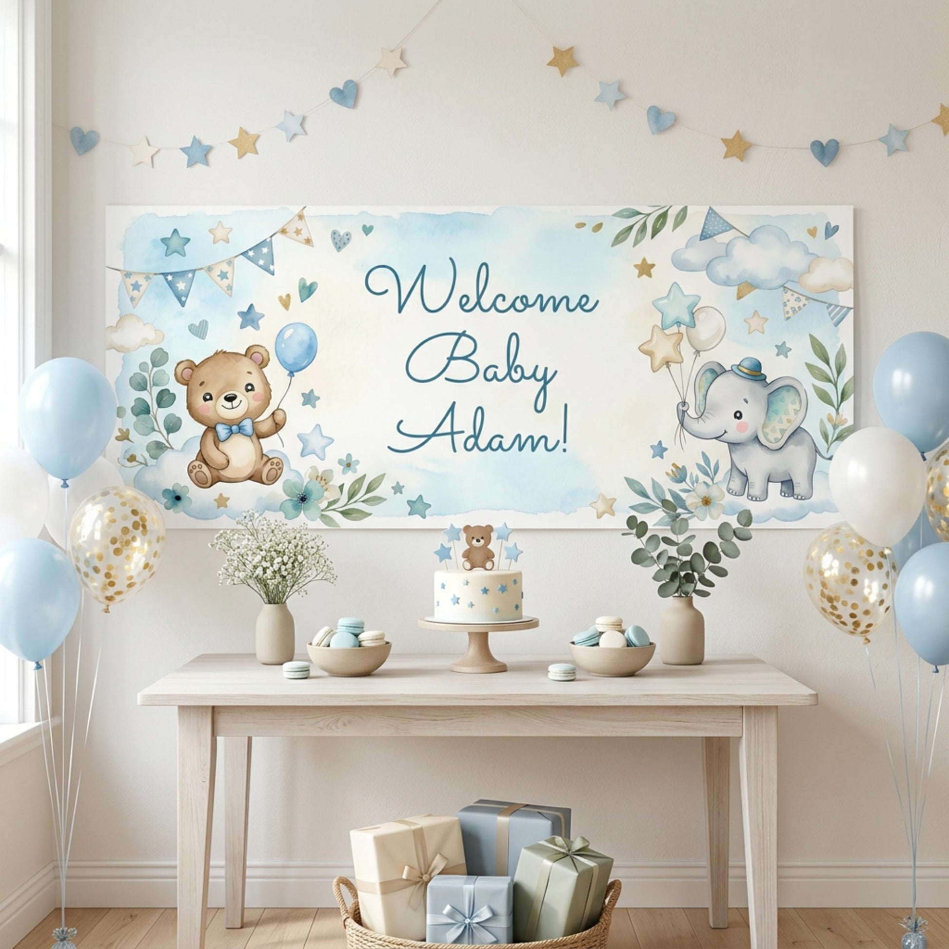 Personalised Baby Shower Banner, Custom 1st Birthday Party Backdrop, Welcome Baby Boy Sign