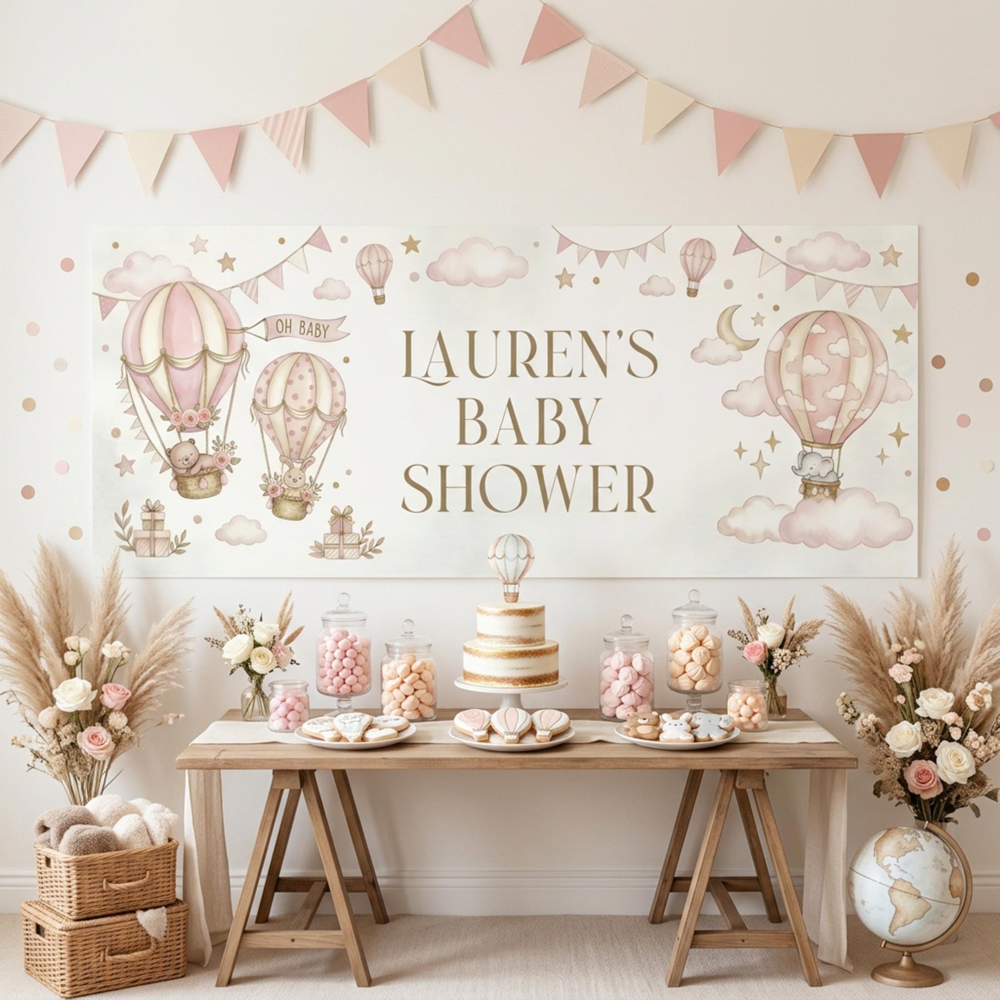 Personalised Girl Baby Shower Banner, Pink Hot Air Balloon Party Backdrop