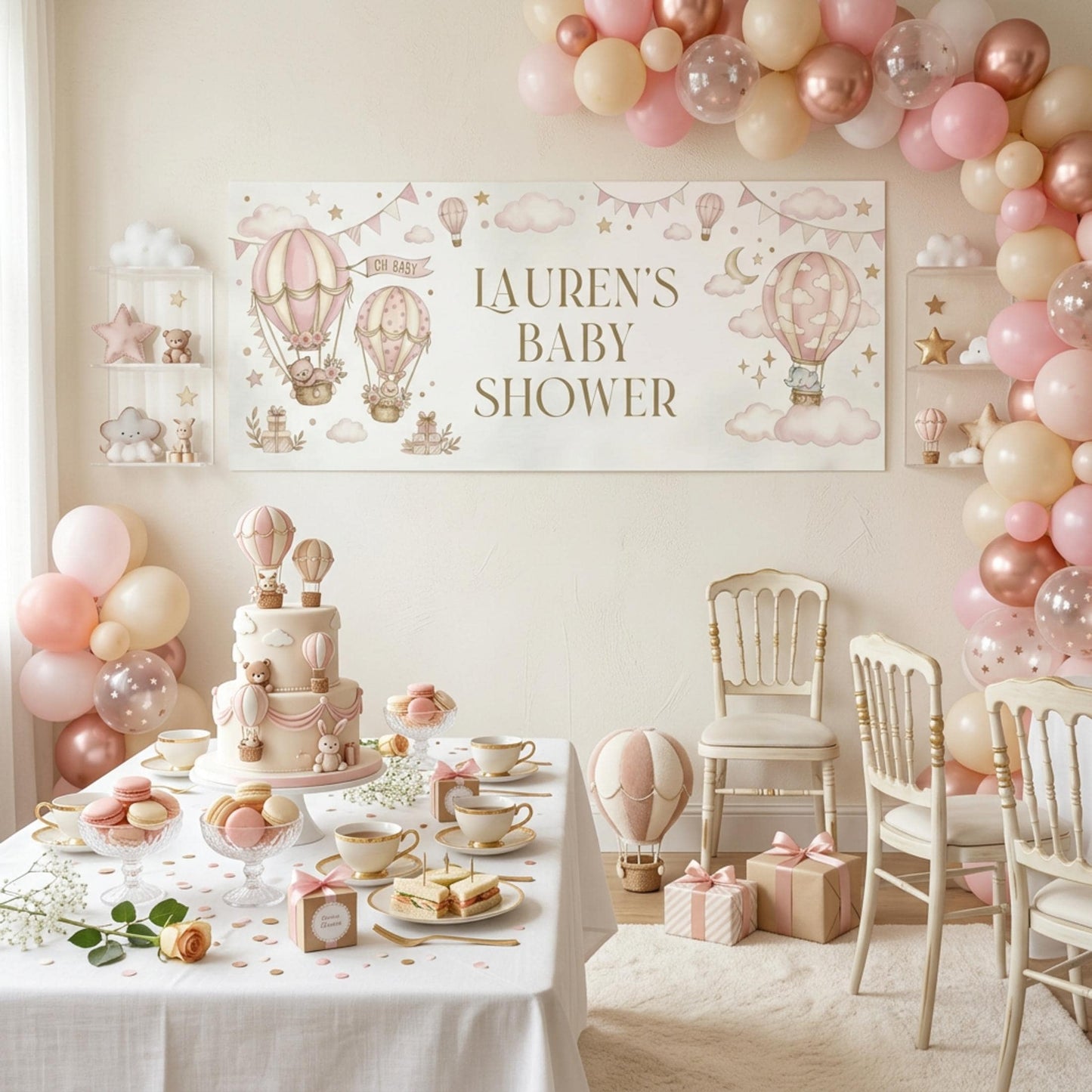 Personalised Girl Baby Shower Banner, Pink Hot Air Balloon Party Backdrop