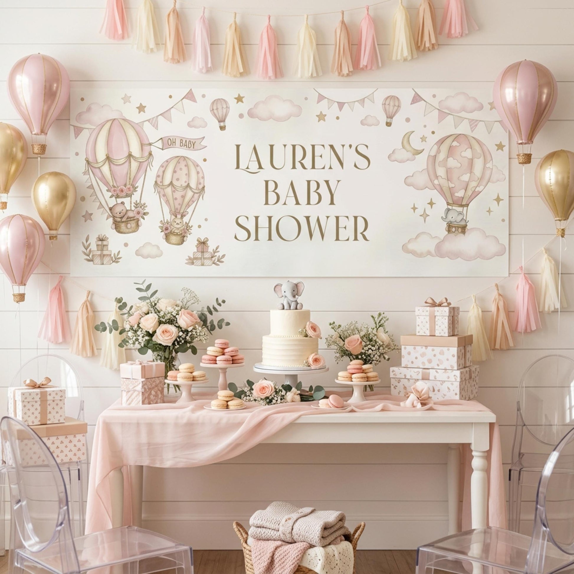 Personalised Girl Baby Shower Banner, Pink Hot Air Balloon Party Backdrop