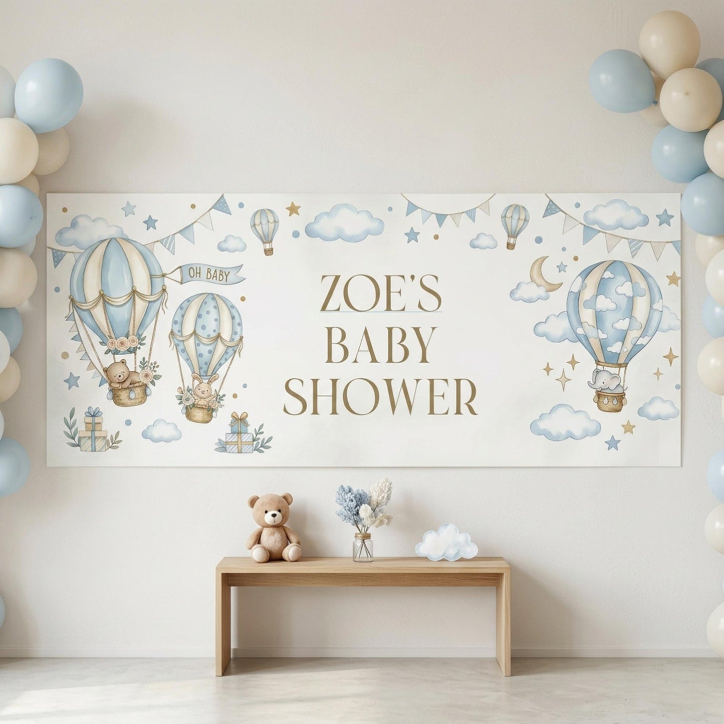 Personalised Boy Baby Shower Banner, Blue Hot Air Balloon Party Backdrop
