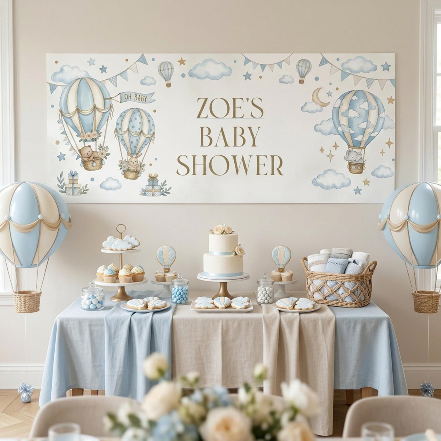 Personalised Boy Baby Shower Banner, Blue Hot Air Balloon Party Backdrop