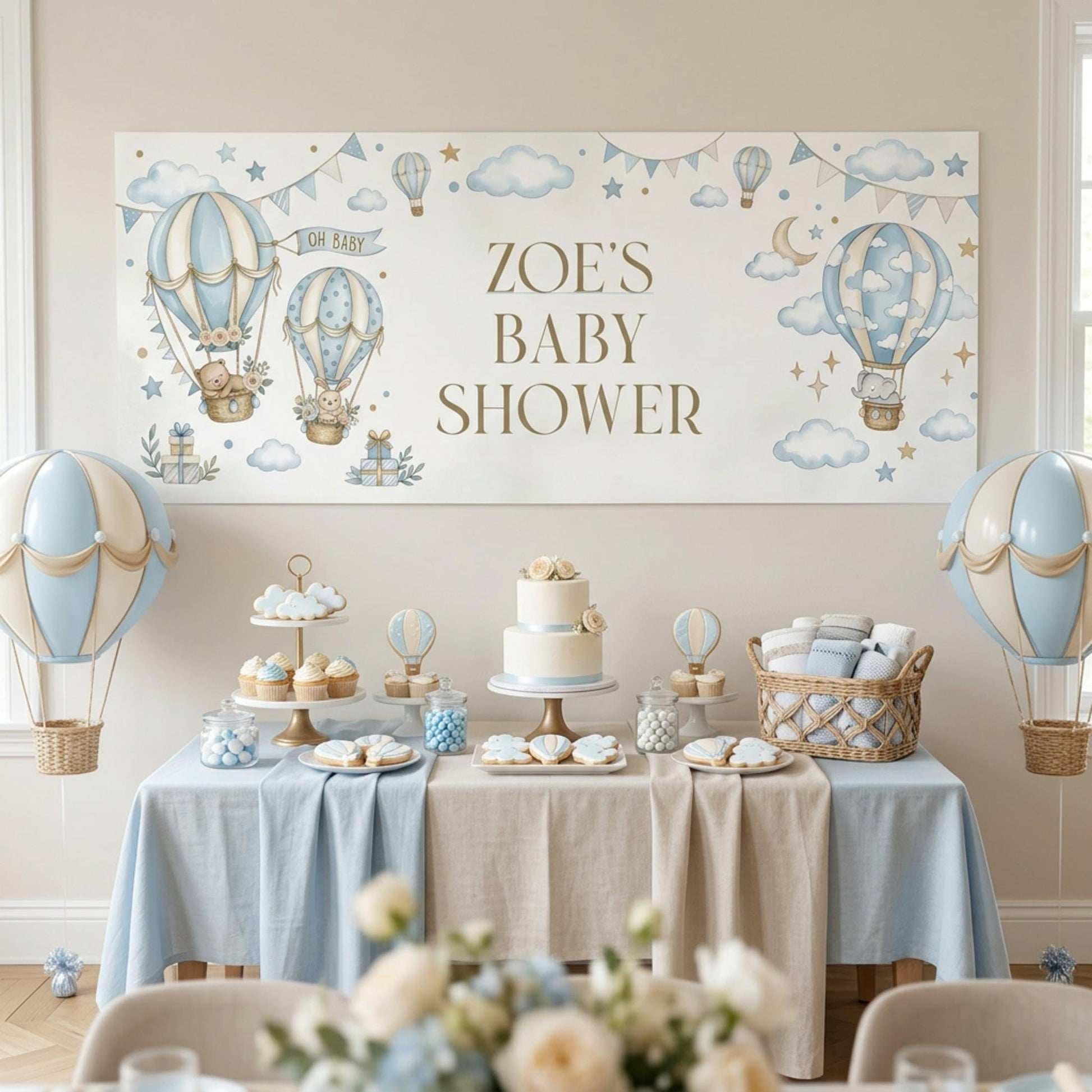 Personalised Boy Baby Shower Banner, Blue Hot Air Balloon Party Backdrop