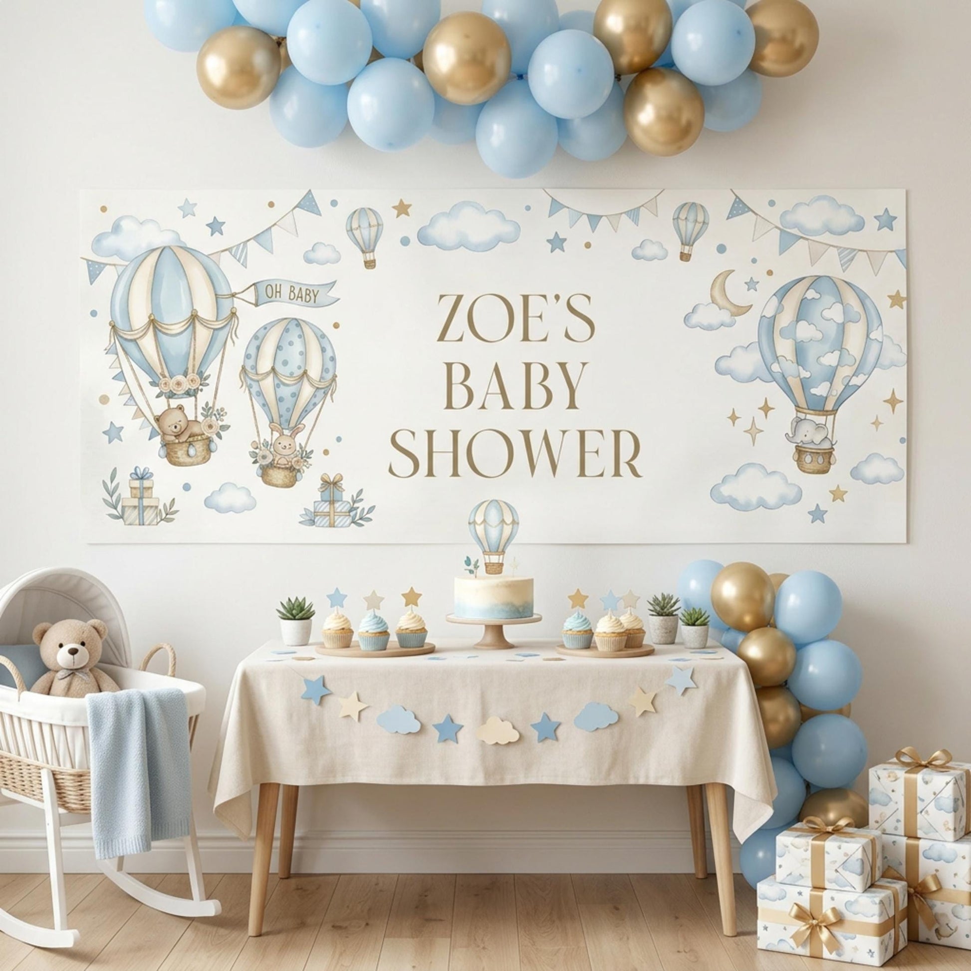 Personalised Boy Baby Shower Banner, Blue Hot Air Balloon Party Backdrop