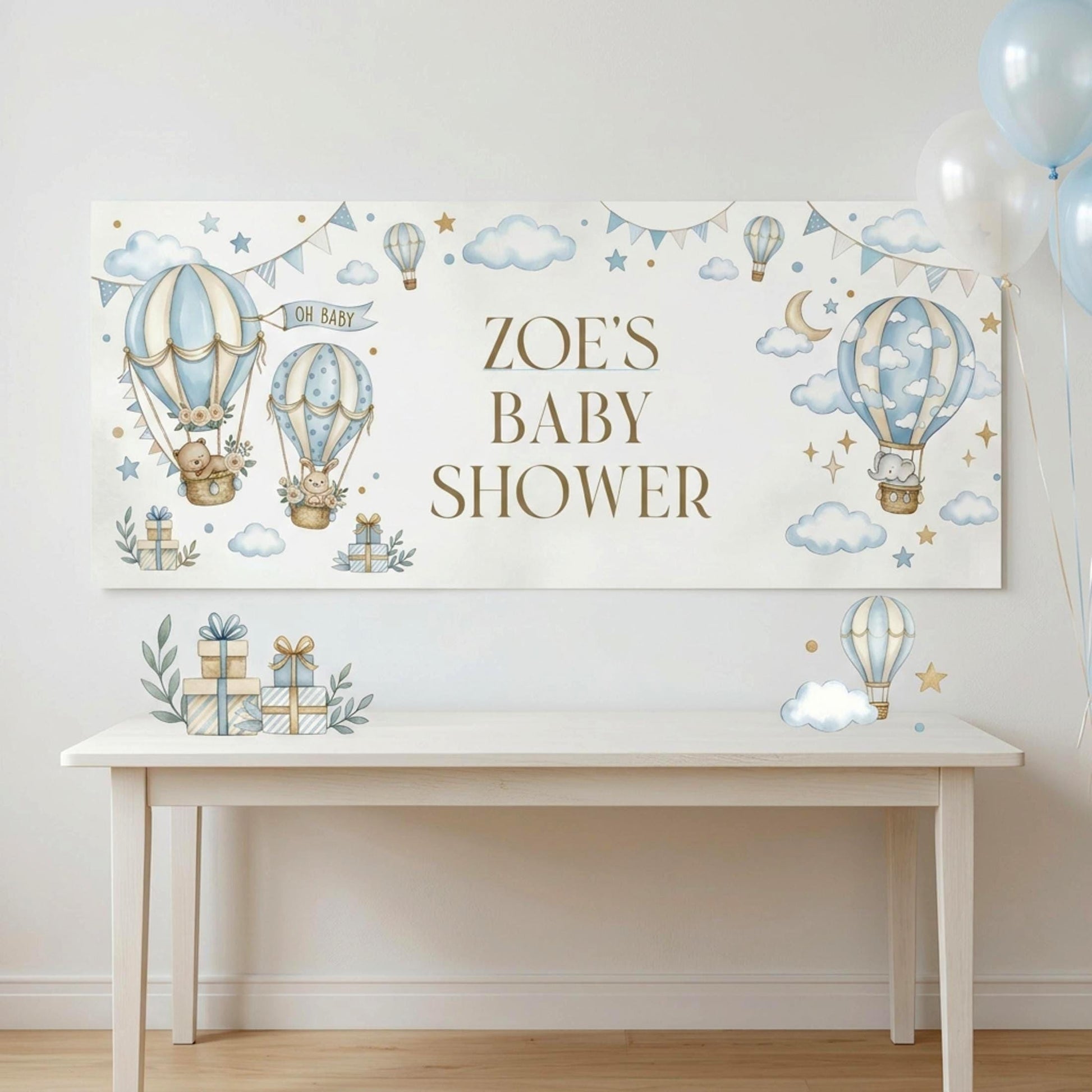 Personalised Boy Baby Shower Banner, Blue Hot Air Balloon Party Backdrop