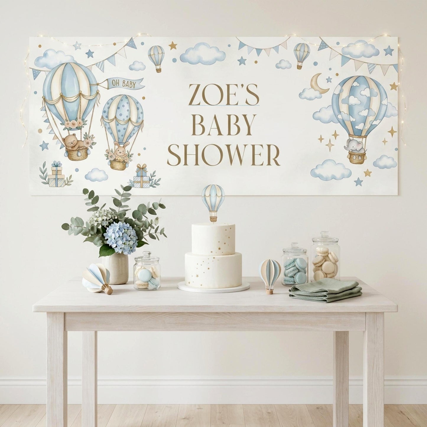Personalised Boy Baby Shower Banner, Blue Hot Air Balloon Party Backdrop