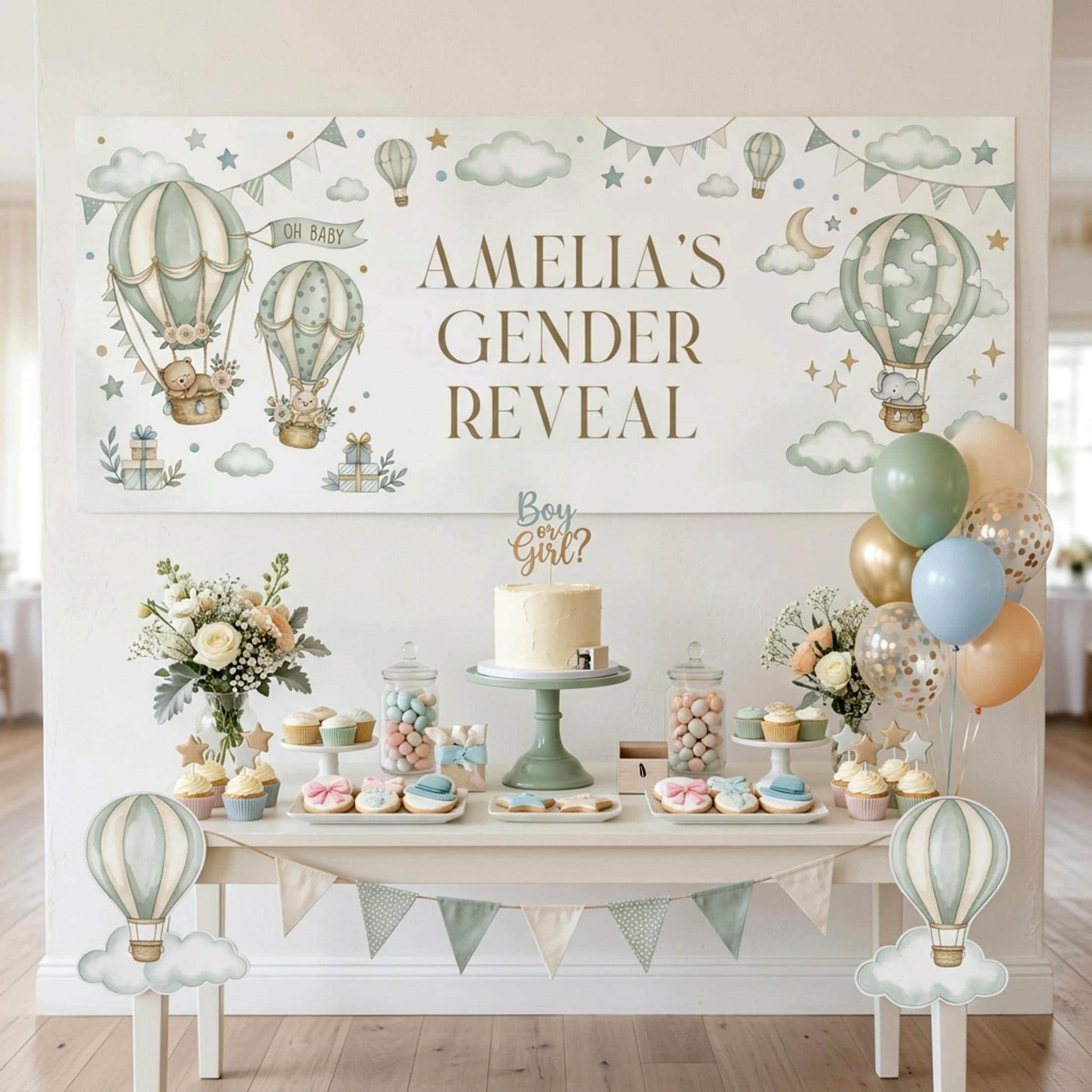 Personalised Gender Reveal Banner, Sage Green Hot Air Balloon Party Backdrop, Neutral Wall Sign