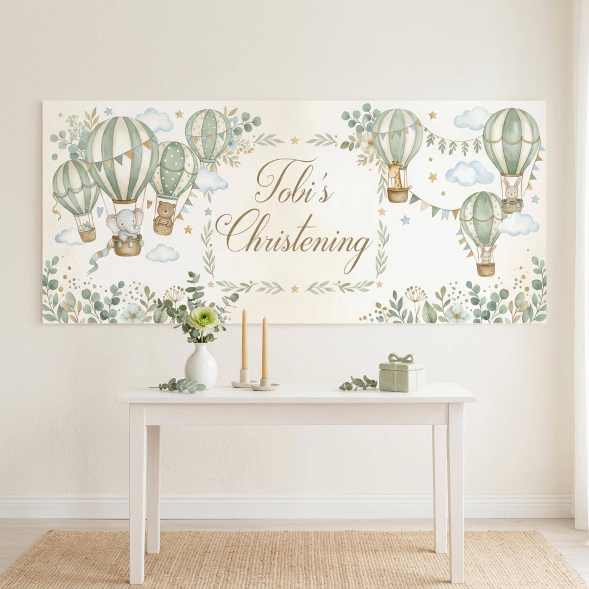 Personalised Christening Banner, Sage Green Hot Air Balloon Party Backdrop, Naming Day Sign