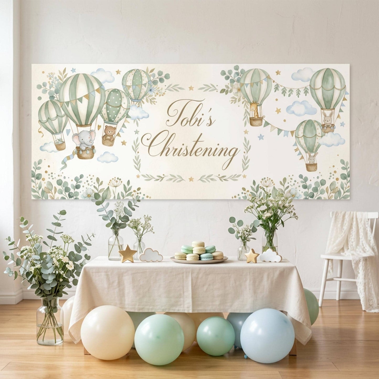 Personalised Christening Banner, Sage Green Hot Air Balloon Party Backdrop, Naming Day Sign