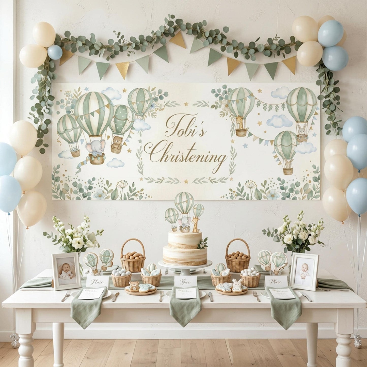 Personalised Christening Banner, Sage Green Hot Air Balloon Party Backdrop, Naming Day Sign