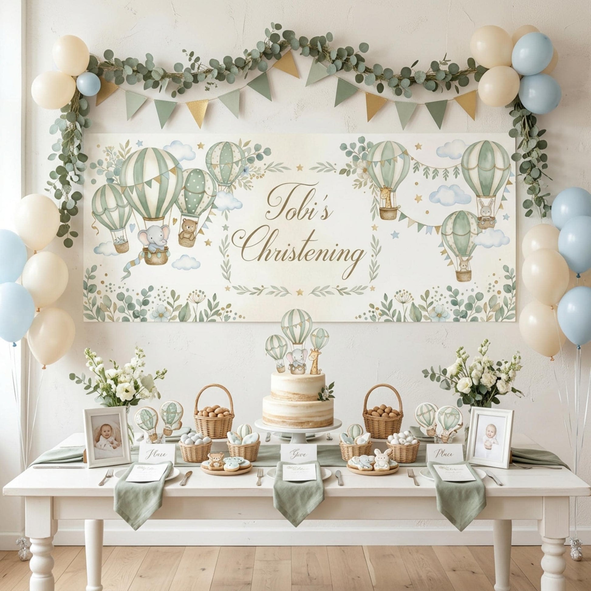 Personalised Christening Banner, Sage Green Hot Air Balloon Party Backdrop, Naming Day Sign