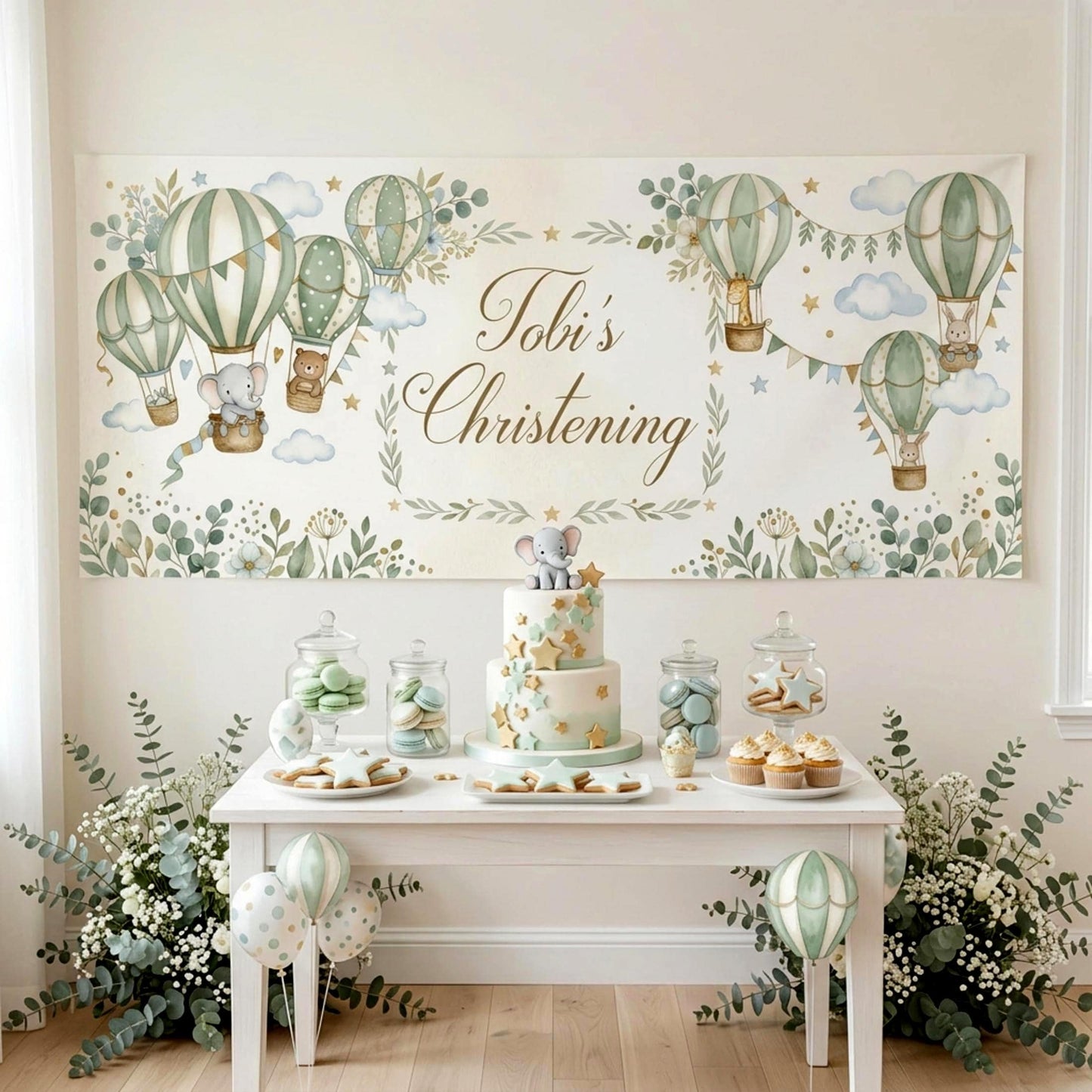 Personalised Christening Banner, Sage Green Hot Air Balloon Party Backdrop, Naming Day Sign