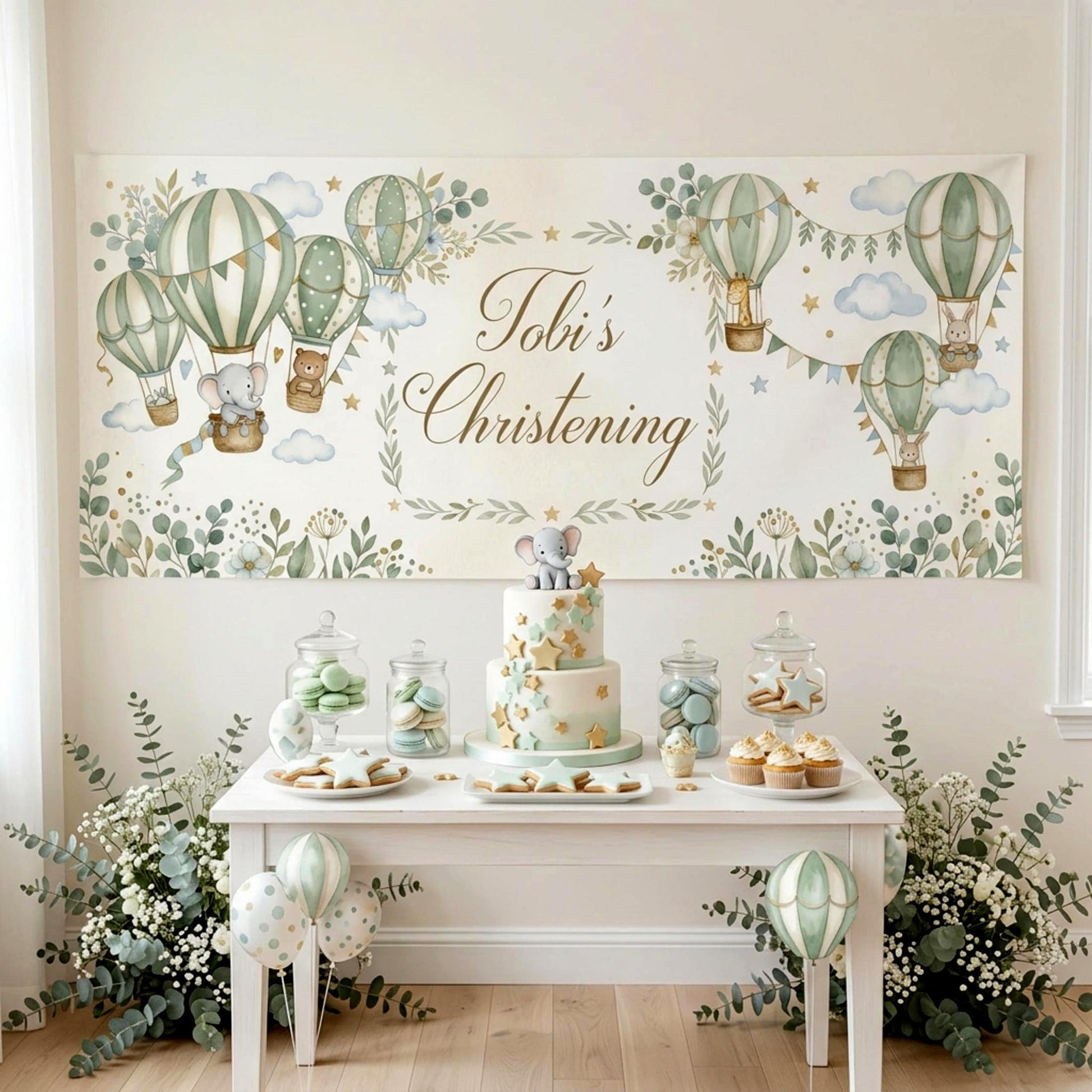 Personalised Christening Banner, Sage Green Hot Air Balloon Party Backdrop, Naming Day Sign