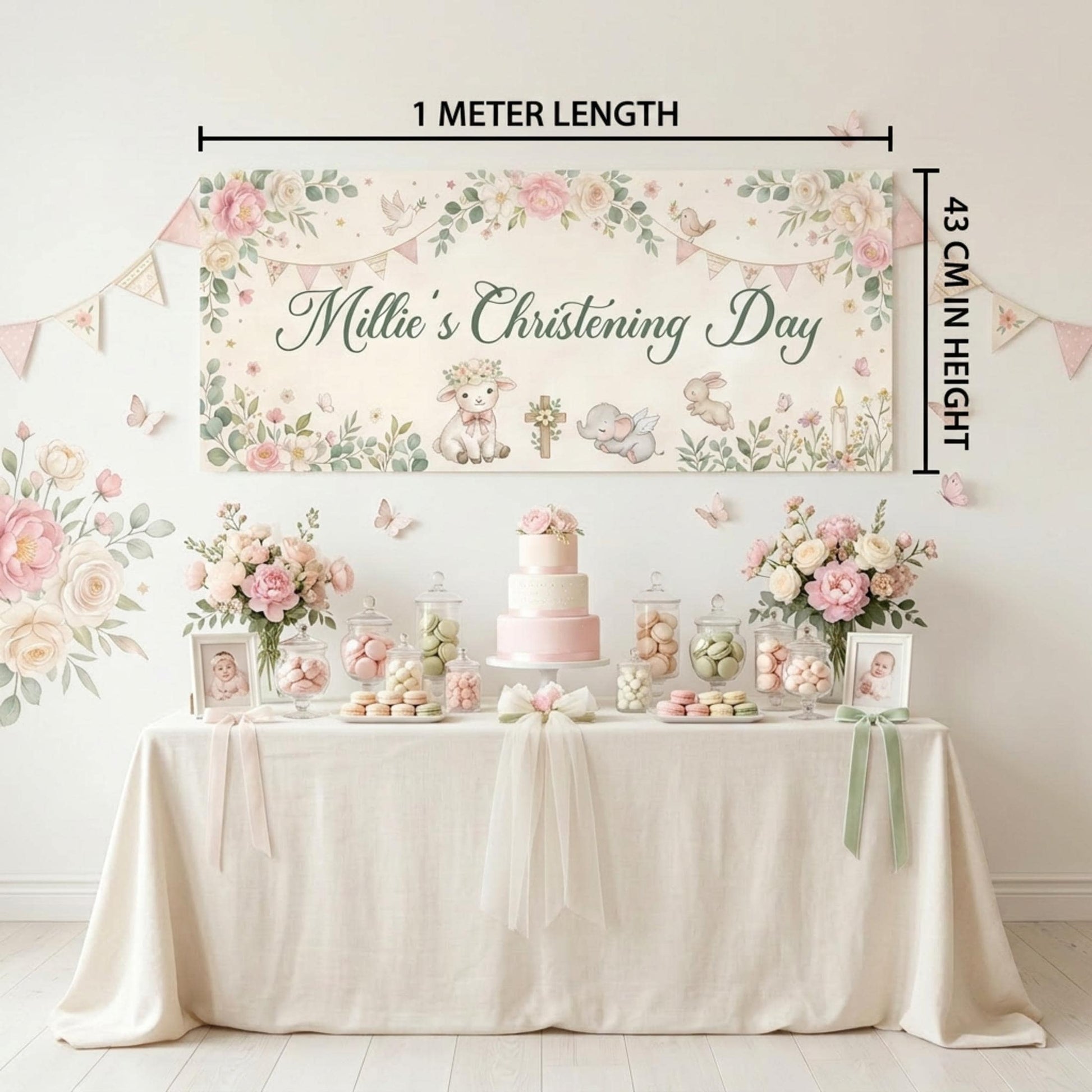 Personalised Christening Banner for Girls, Pink Floral Party Backdrop