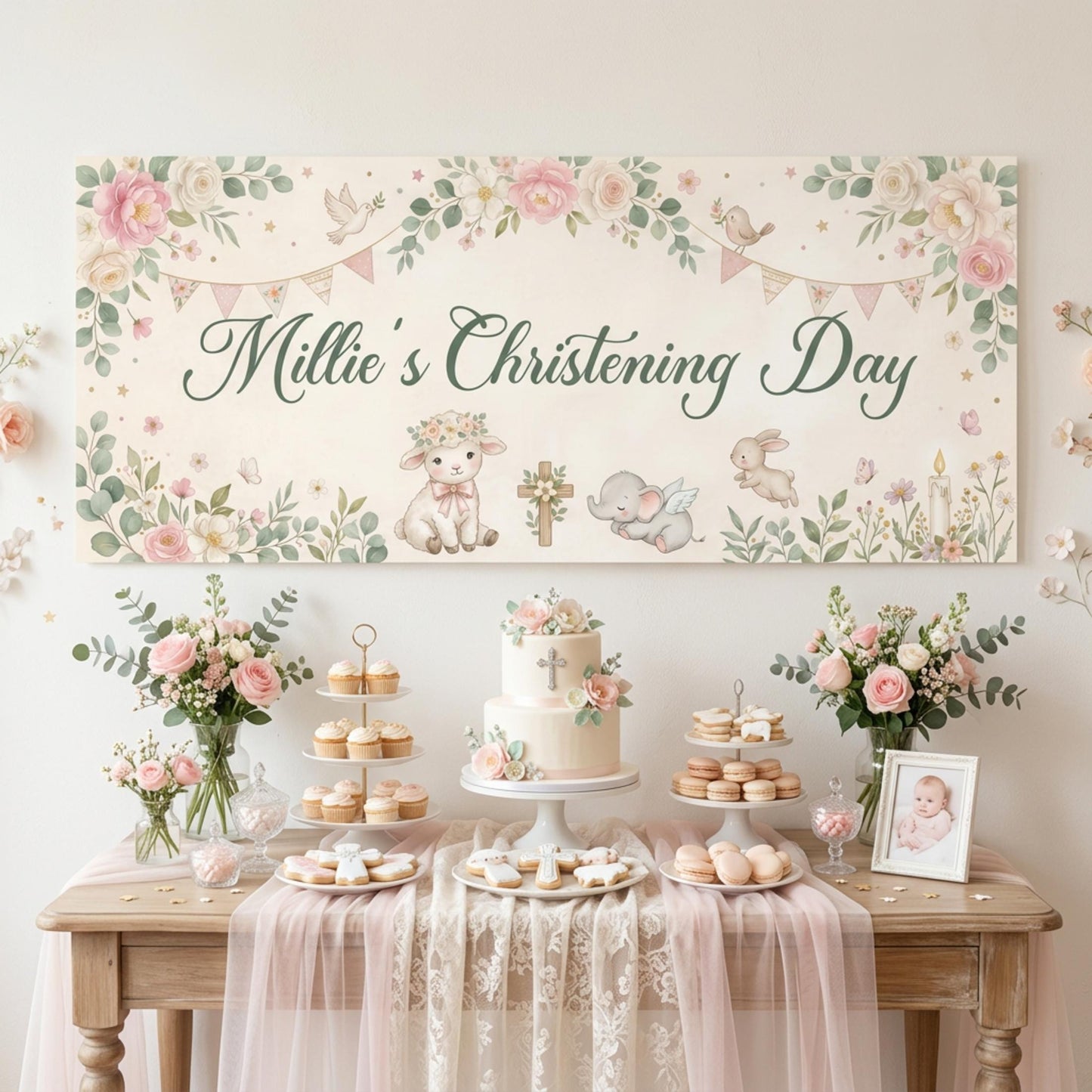 Personalised Christening Banner for Girls, Pink Floral Party Backdrop