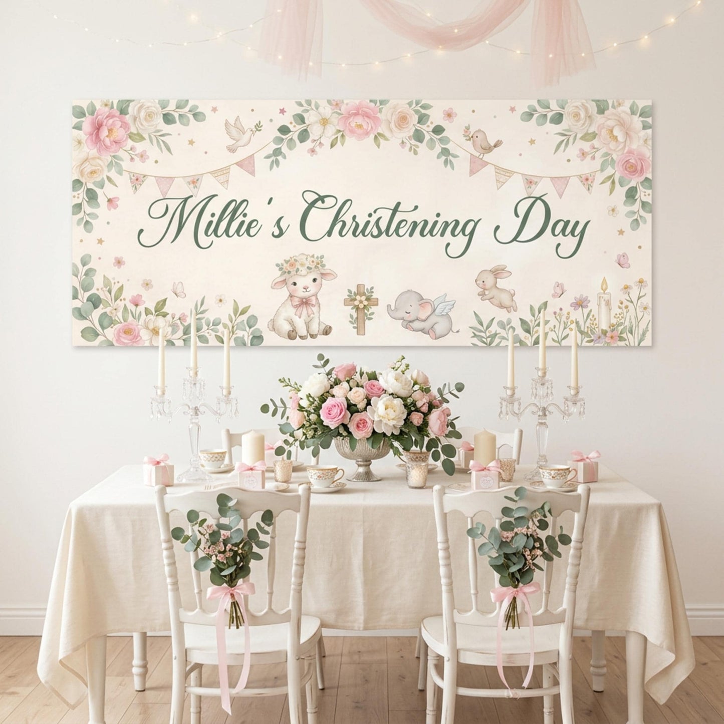 Personalised Christening Banner for Girls, Pink Floral Party Backdrop