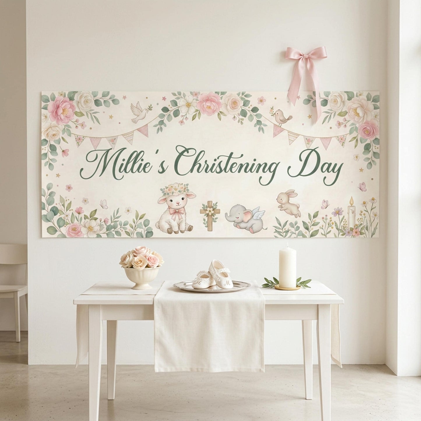 Personalised Christening Banner for Girls, Pink Floral Party Backdrop