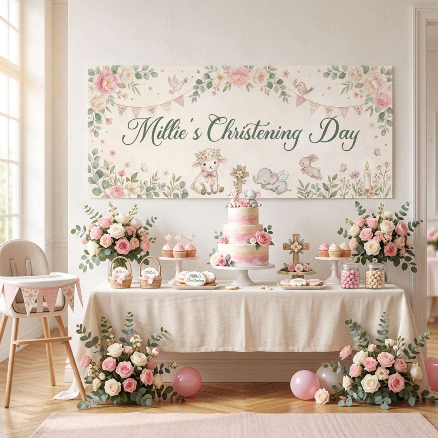 Personalised Christening Banner for Girls, Pink Floral Party Backdrop