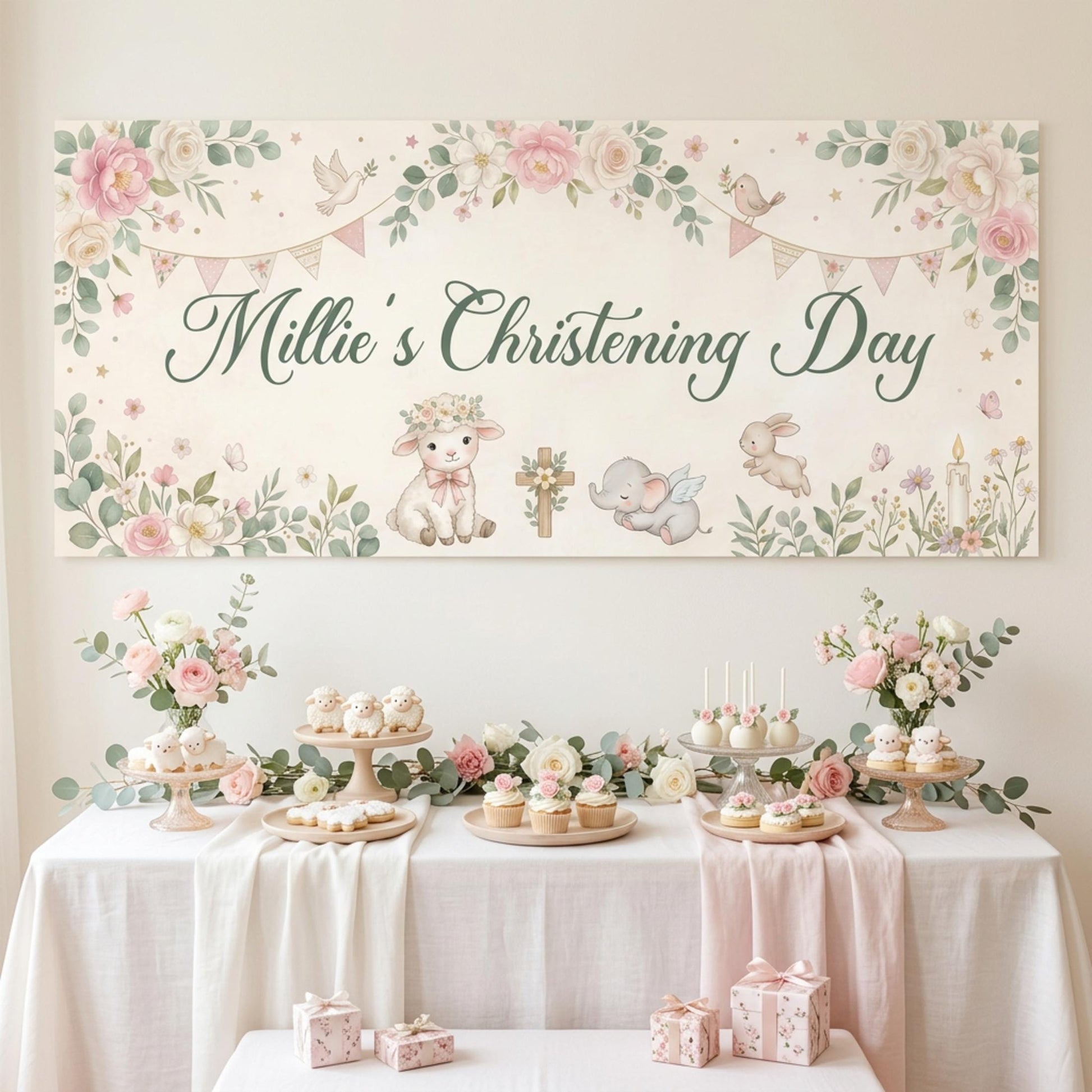 Personalised Christening Banner for Girls, Pink Floral Party Backdrop