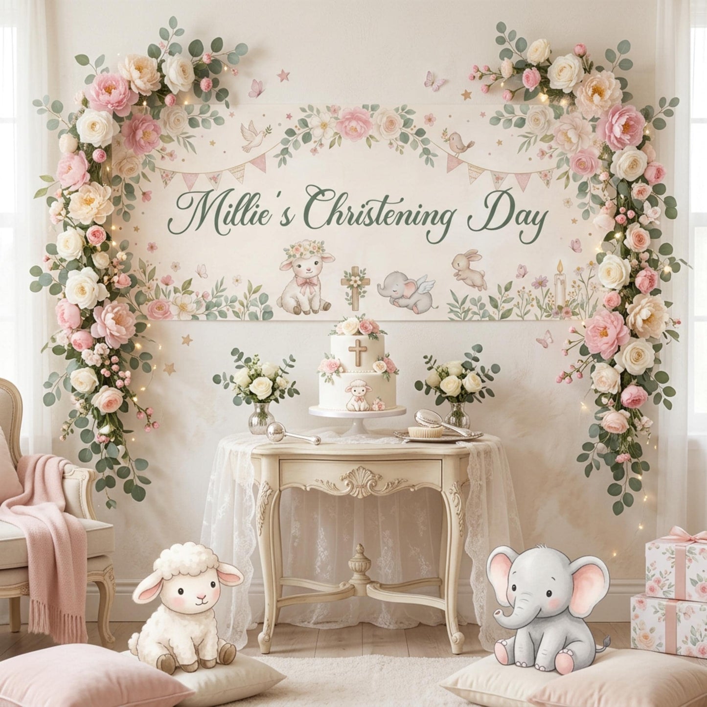 Personalised Christening Banner for Girls, Pink Floral Party Backdrop