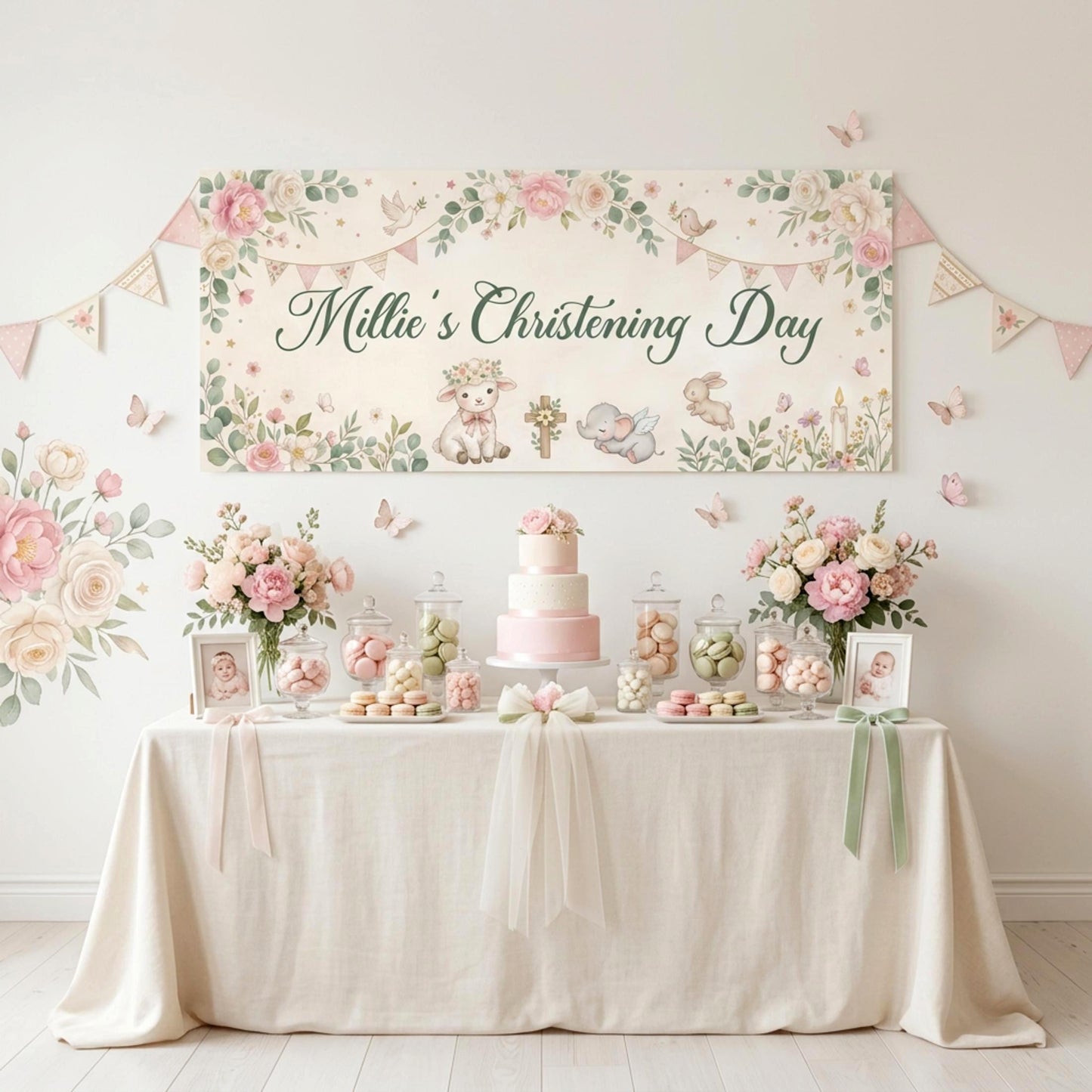 Personalised Christening Banner for Girls, Pink Floral Party Backdrop