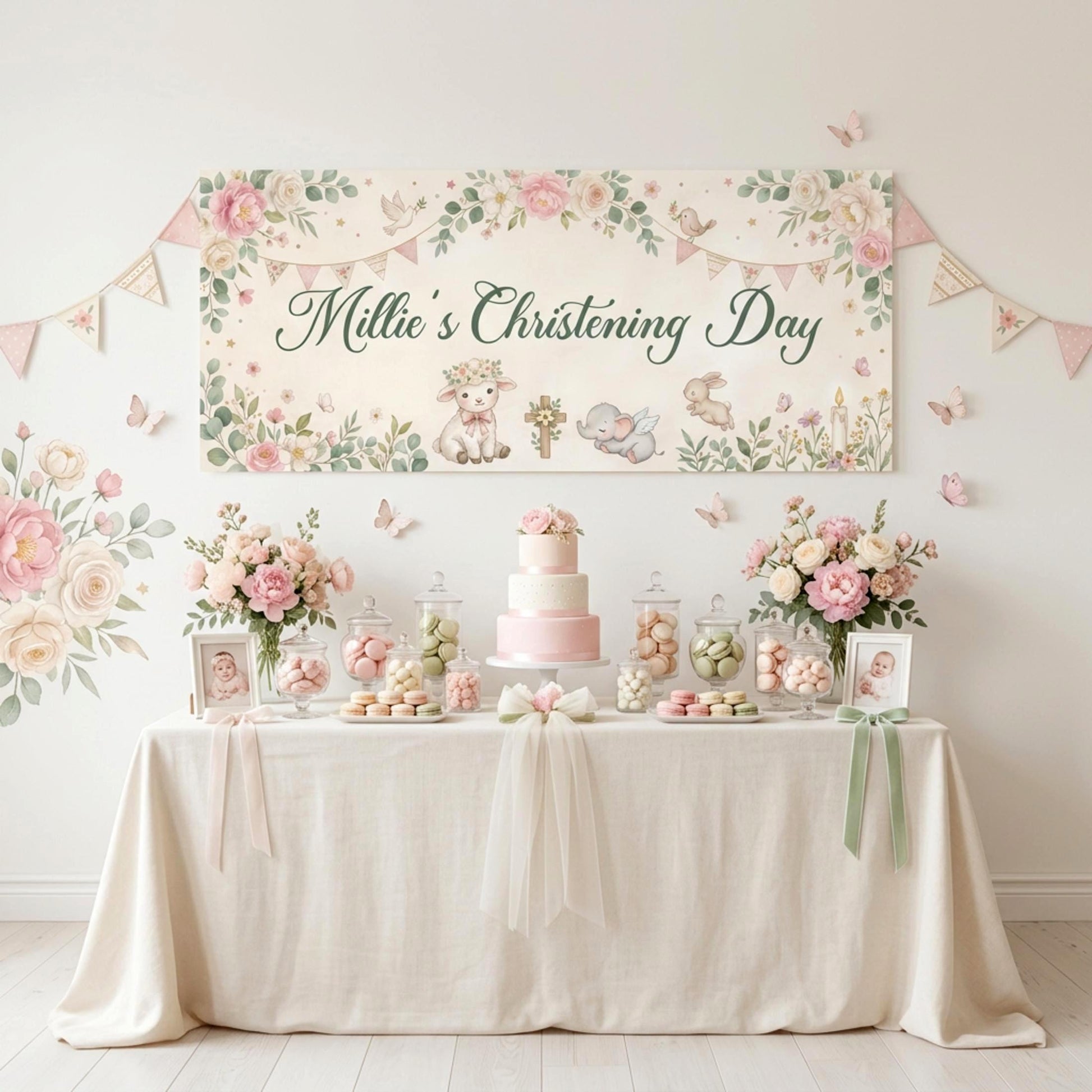 Personalised Christening Banner for Girls, Pink Floral Party Backdrop