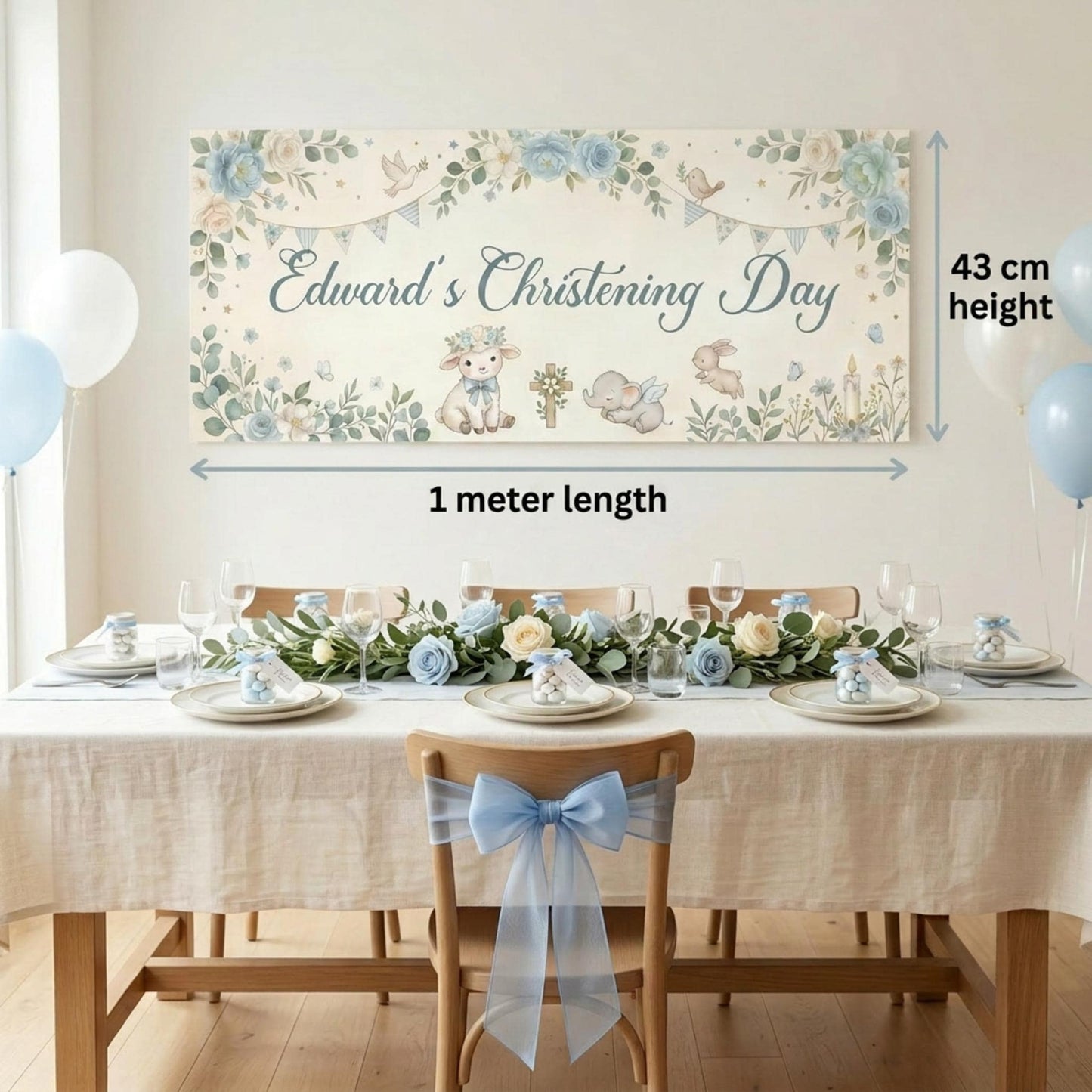 Personalised Boy Christening Banner, Blue Floral Party Backdrop