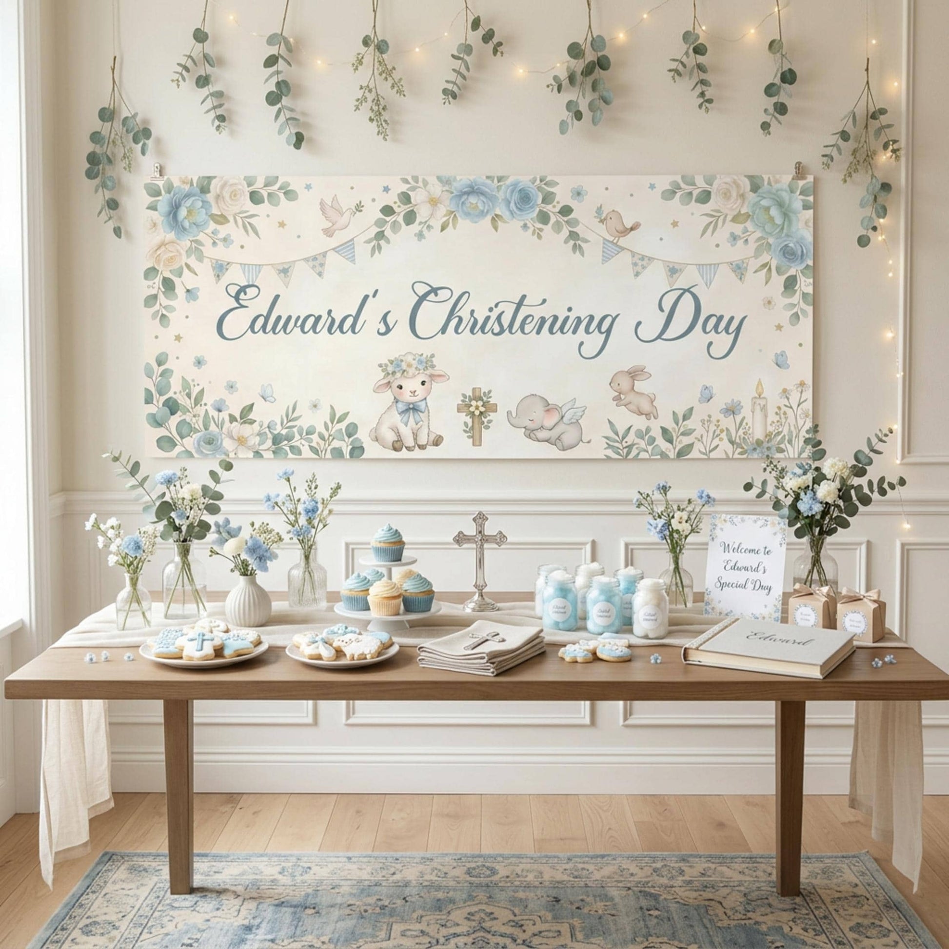 Personalised Boy Christening Banner, Blue Floral Party Backdrop