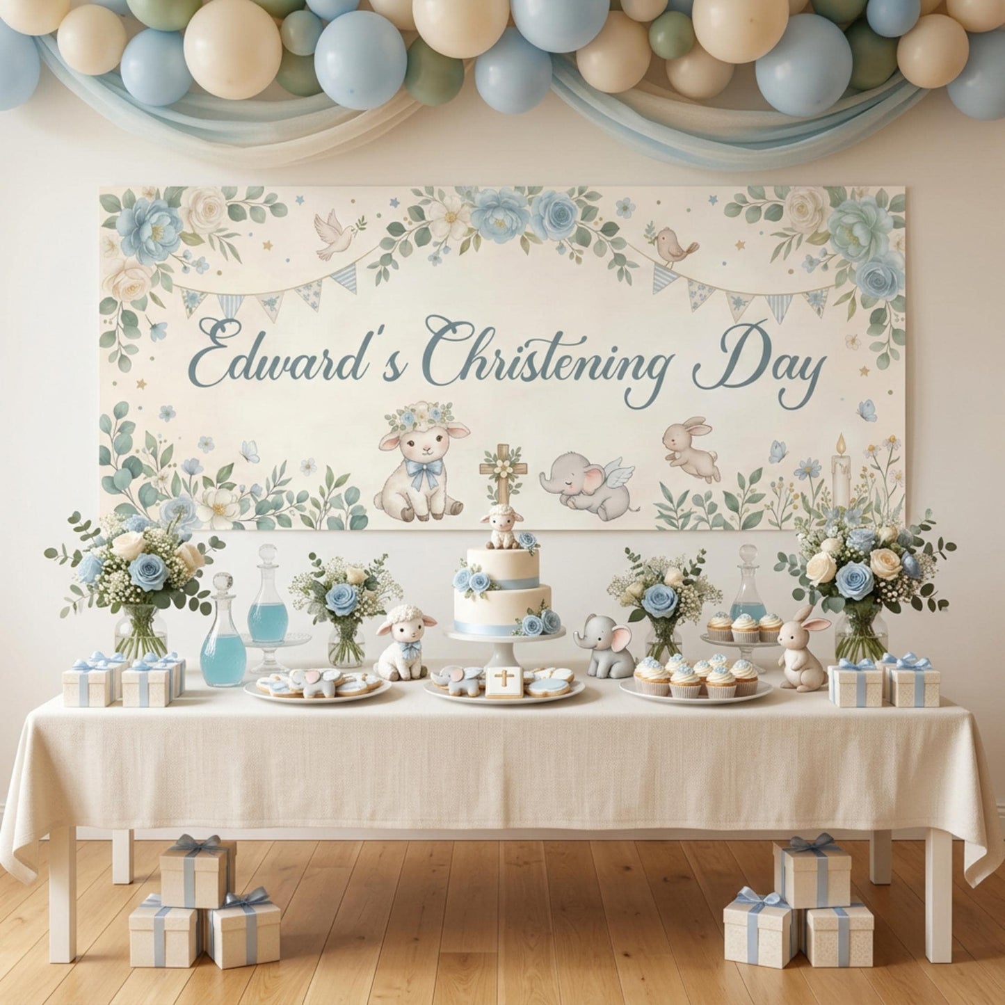 Personalised Boy Christening Banner, Blue Floral Party Backdrop