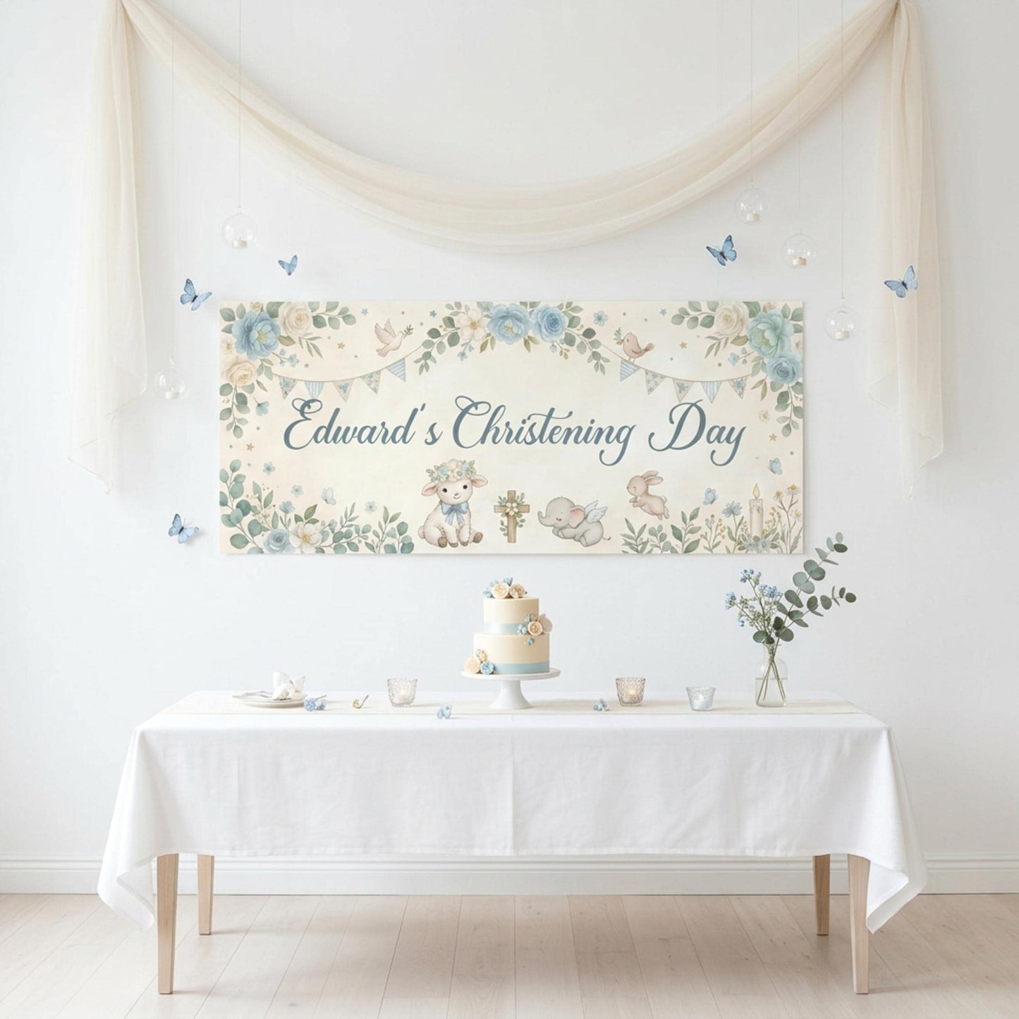 Personalised Boy Christening Banner, Blue Floral Party Backdrop
