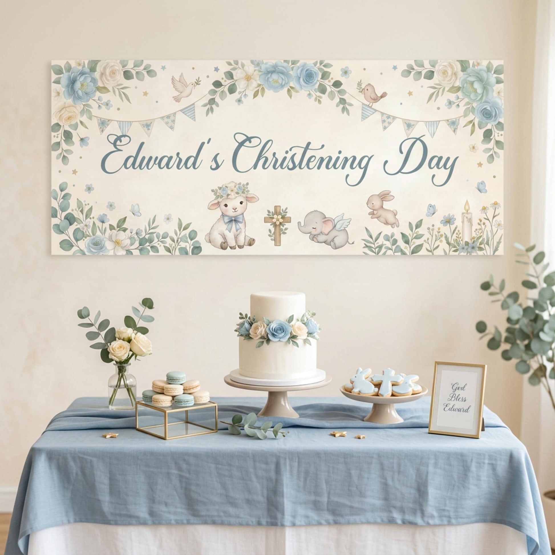 Personalised Boy Christening Banner, Blue Floral Party Backdrop