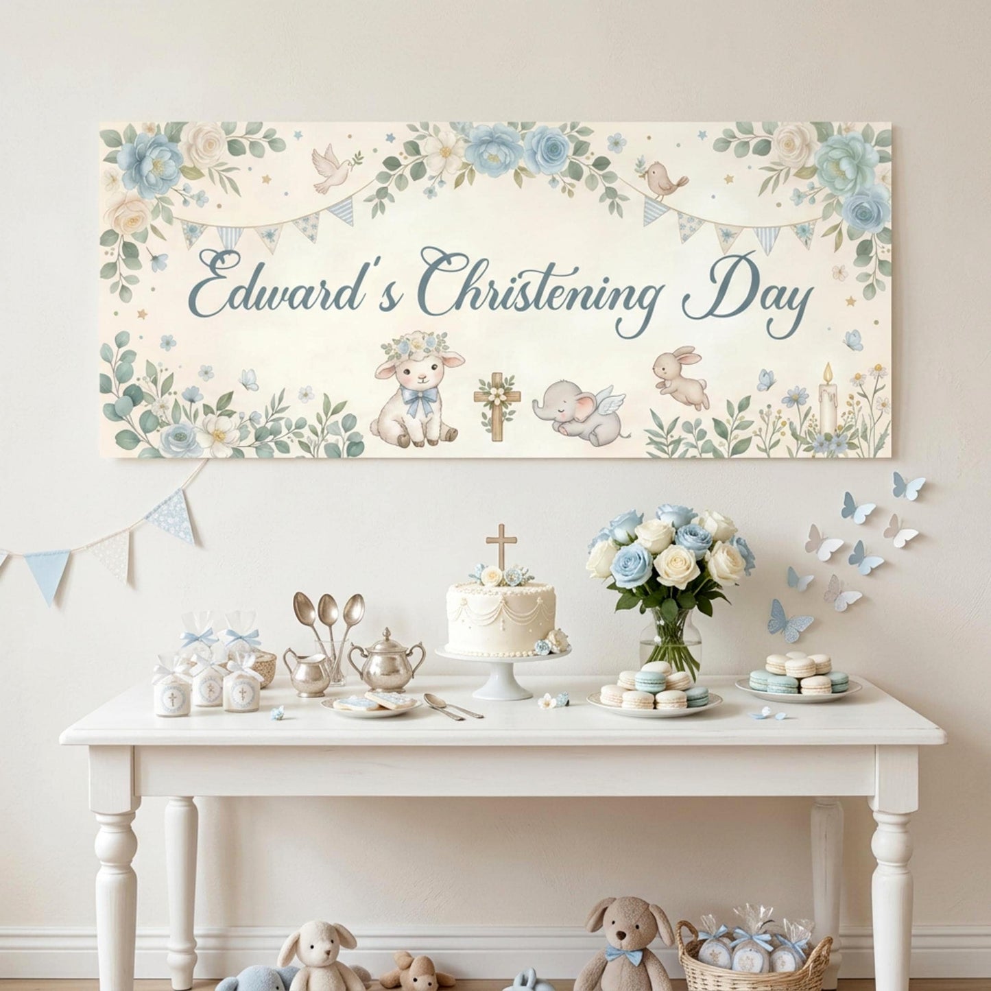Personalised Boy Christening Banner, Blue Floral Party Backdrop