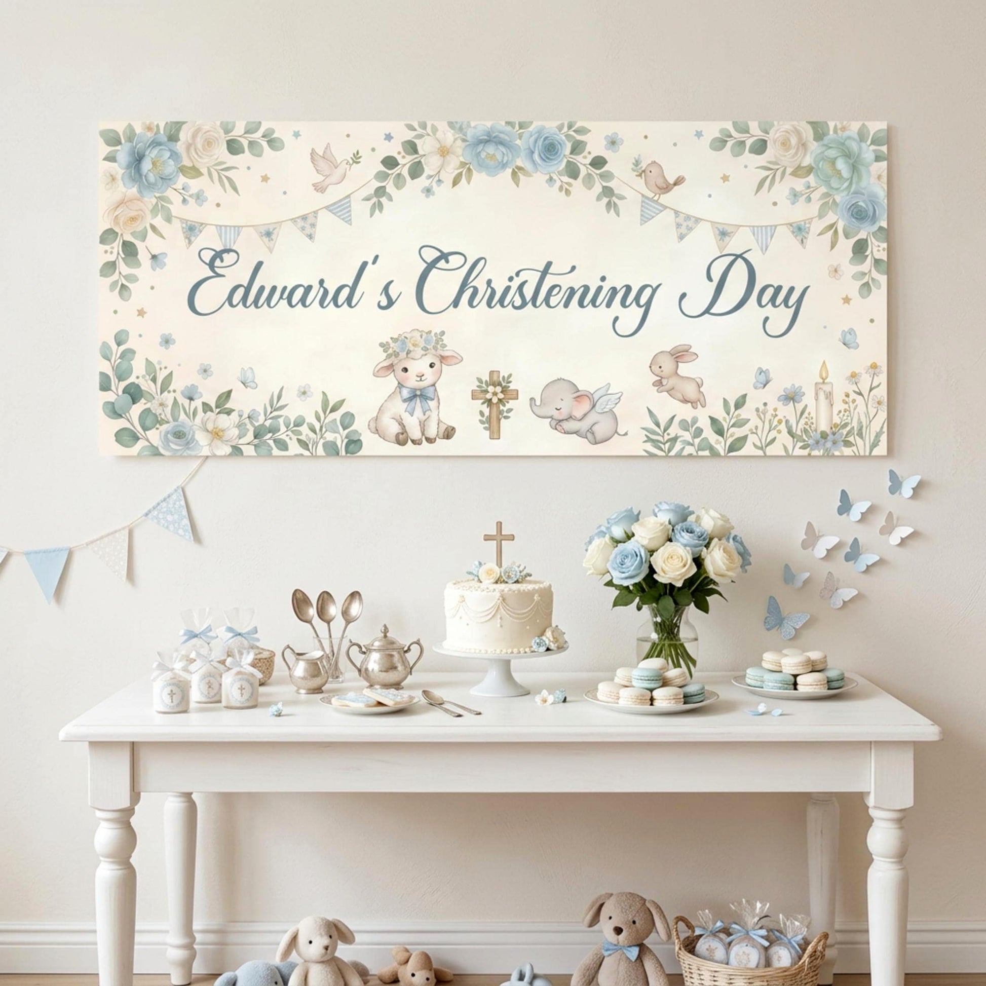 Personalised Boy Christening Banner, Blue Floral Party Backdrop
