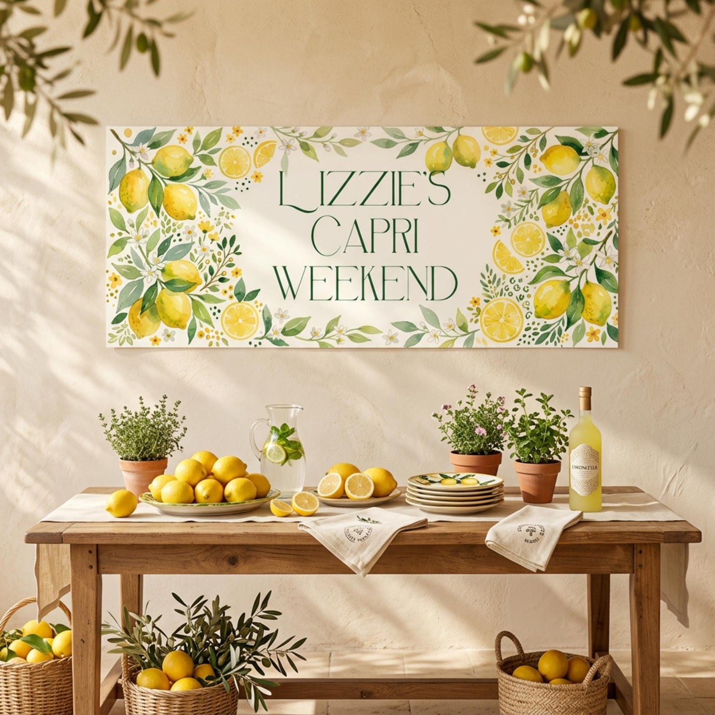 Personalised Birthday Banner, Italian Lemons Backdrop, Mediterranean Party Sign