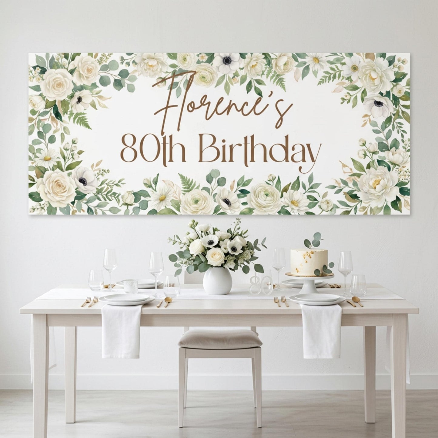 Personalised Milestone Birthday Banner, White Floral Party Backdrop for Her, Anniversary Wall Sign