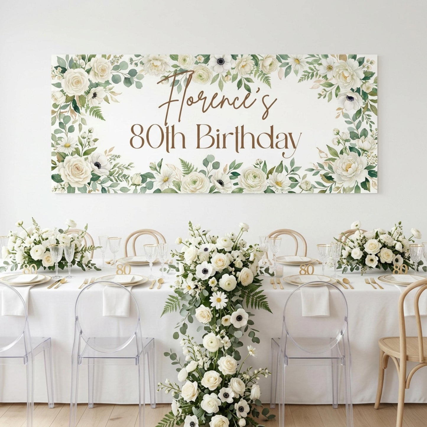 Personalised Milestone Birthday Banner, White Floral Party Backdrop for Her, Anniversary Wall Sign