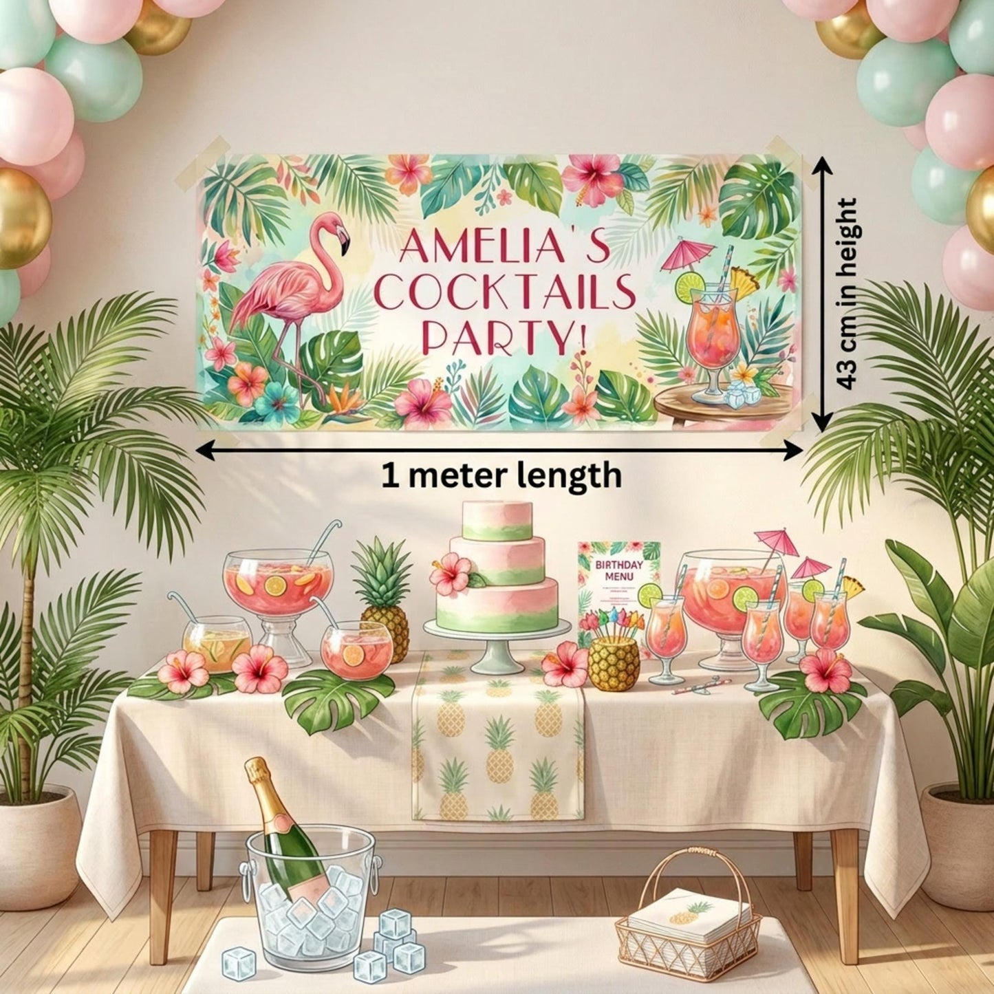 Personalised Tropical Birthday Banner, Cocktail Party Backdrop, Summer Milestone Wall Sign