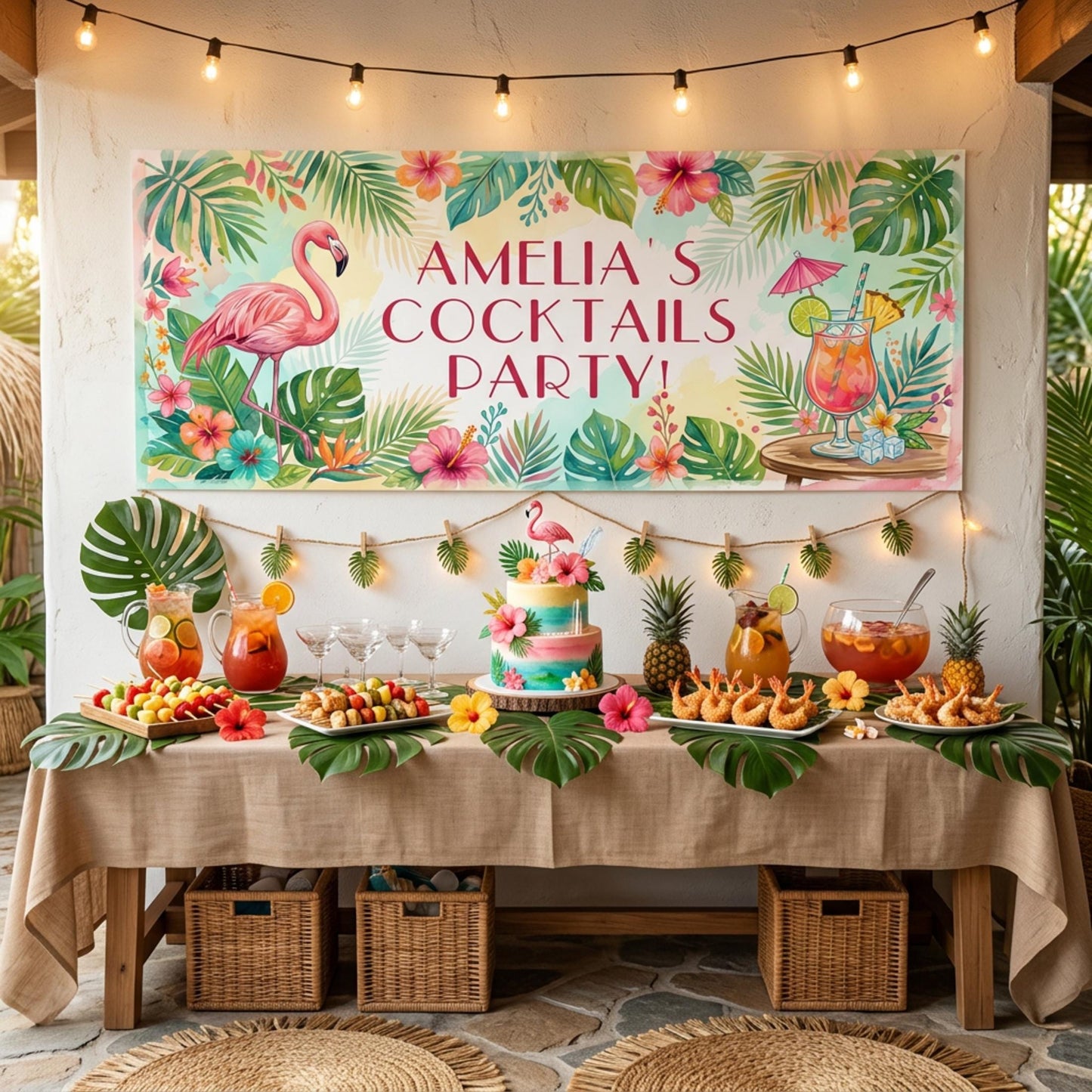 Personalised Tropical Birthday Banner, Cocktail Party Backdrop, Summer Milestone Wall Sign