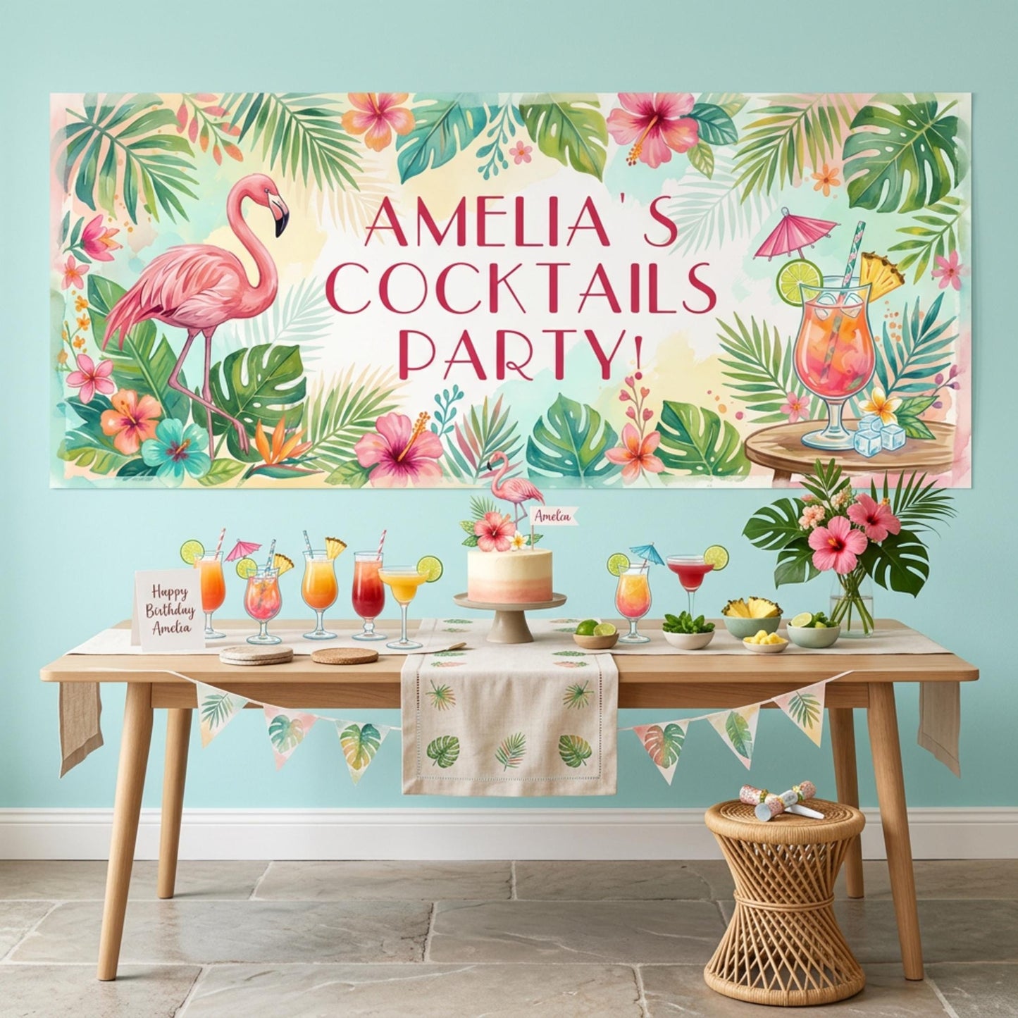 Personalised Tropical Birthday Banner, Cocktail Party Backdrop, Summer Milestone Wall Sign