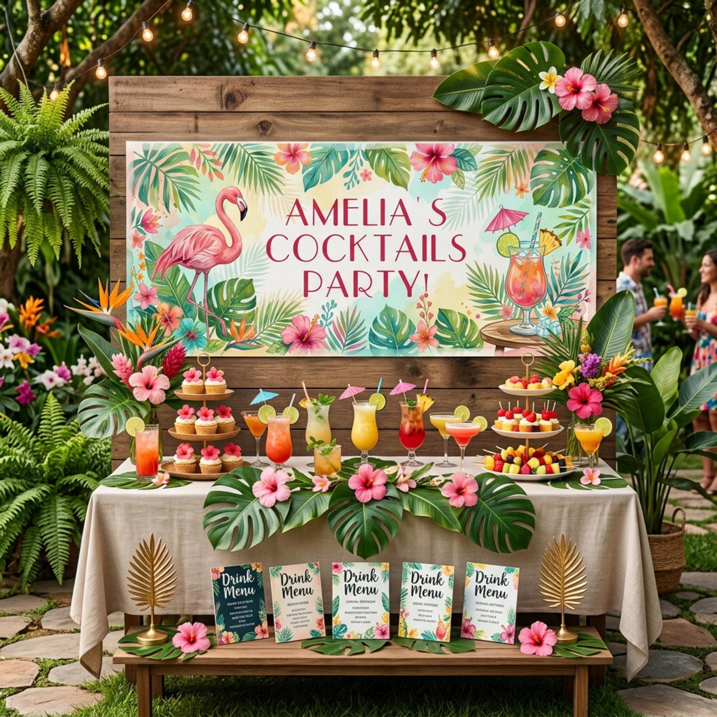 Personalised Tropical Birthday Banner, Cocktail Party Backdrop, Summer Milestone Wall Sign
