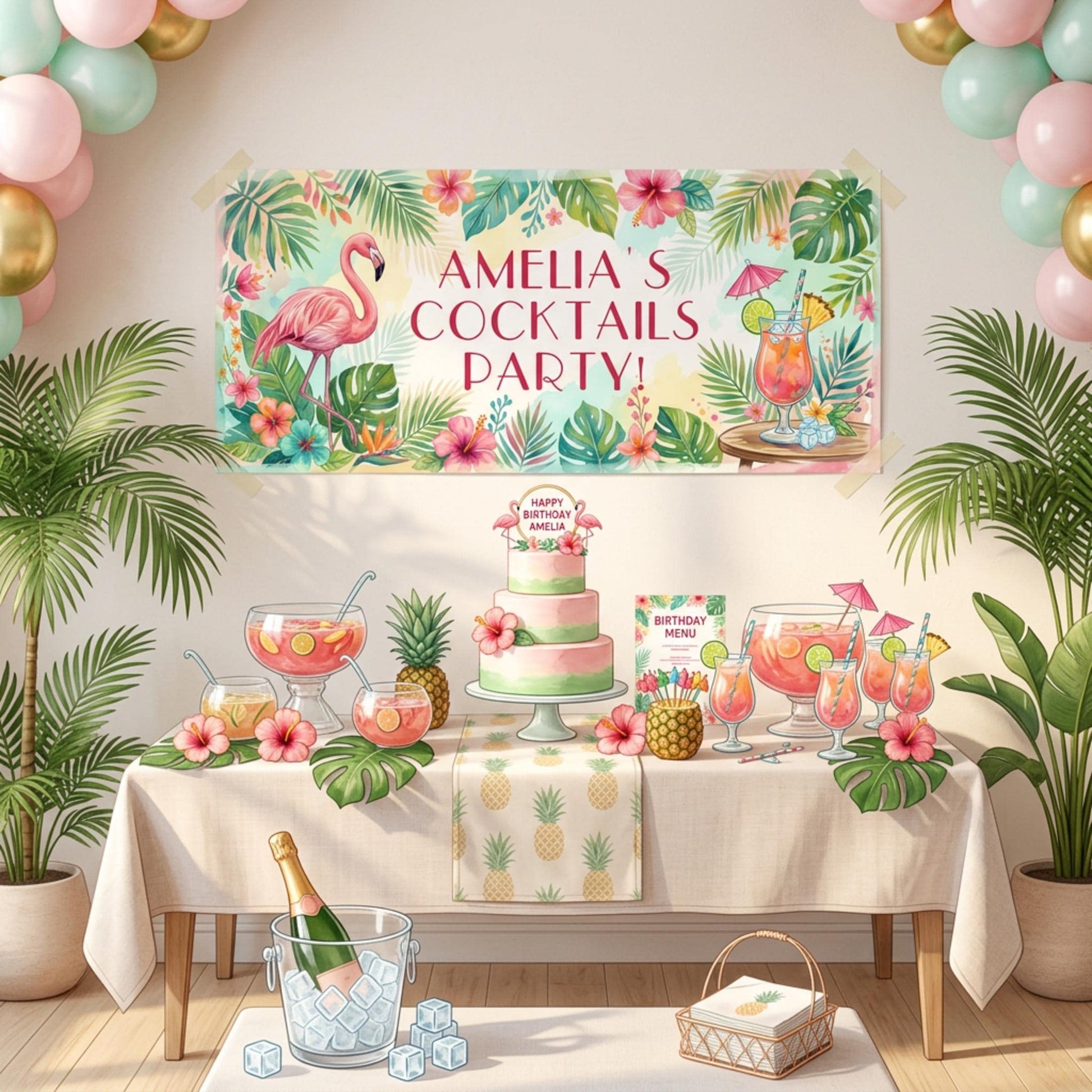 Personalised Tropical Birthday Banner, Cocktail Party Backdrop, Summer Milestone Wall Sign